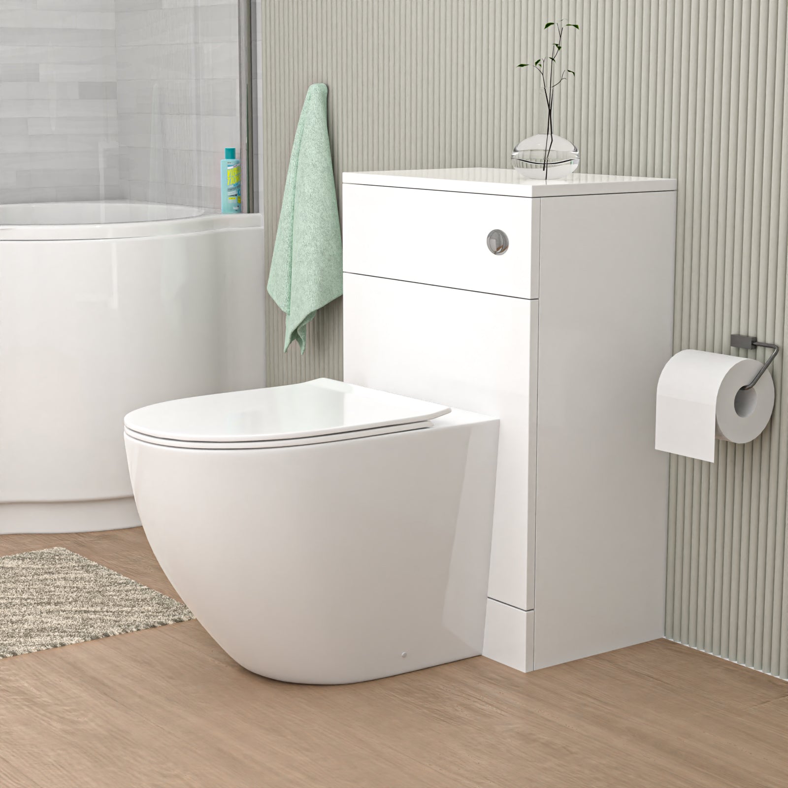 James 500mm WC Unit & D Shape Rimless Round Back To Wall Toilet With Cistern
