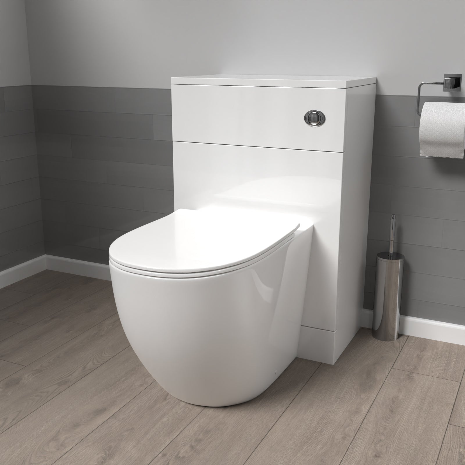 James 500mm WC Unit & D Shape Rimless Round Back To Wall Toilet With Cistern