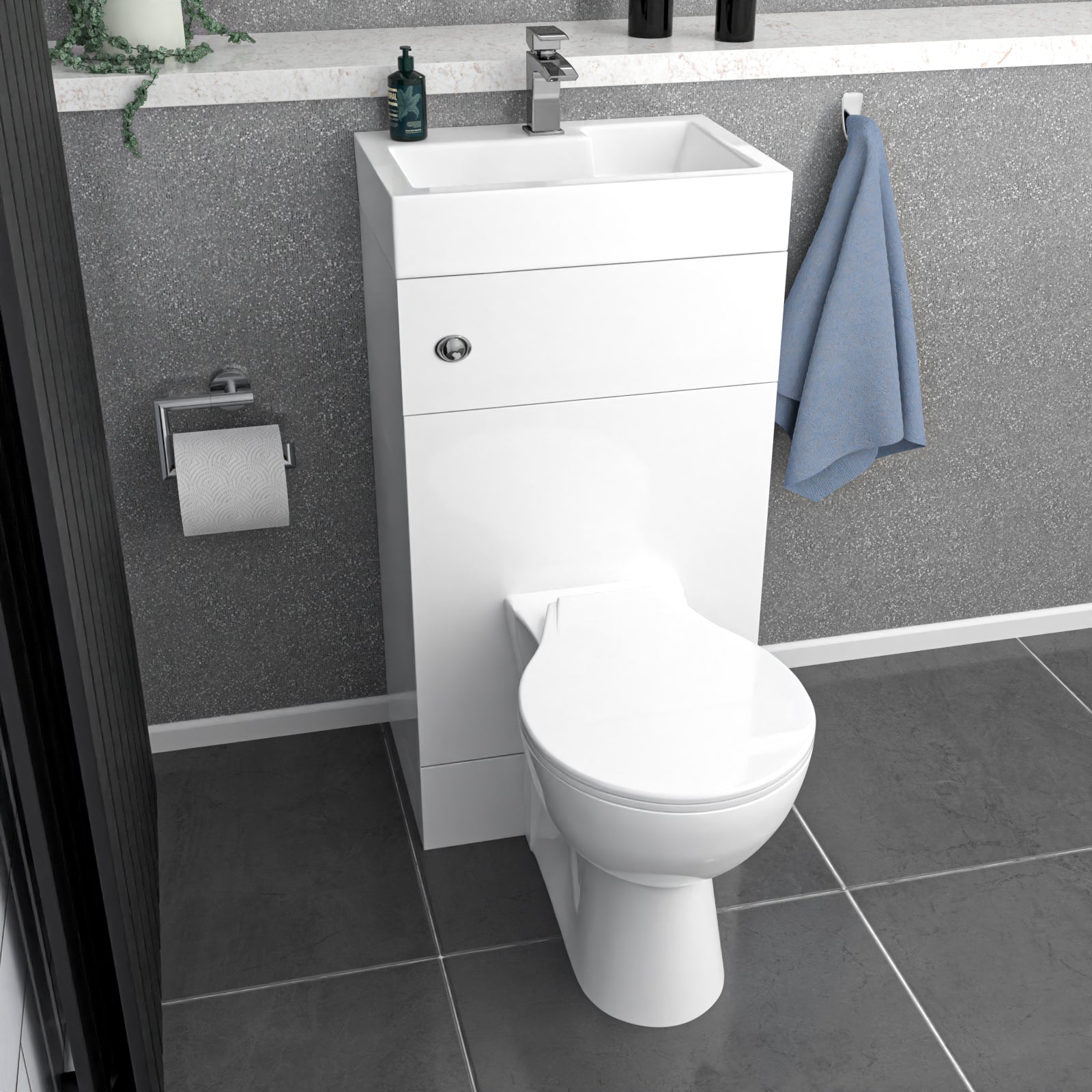 White 2 in 1 500mm Combined Wash Basin & Oval Rimless Toilet Space Save