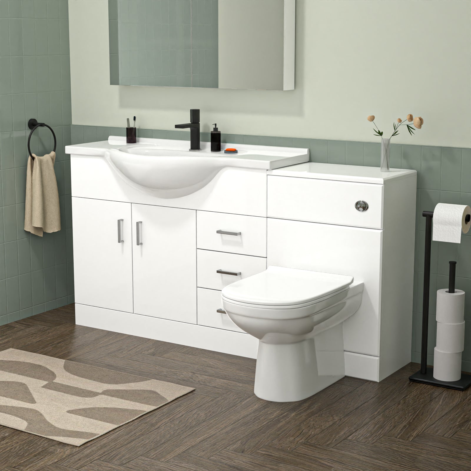 White 1050mm Freestanding Basin Vanity WC Unit Bath Panel & BTW Toilet