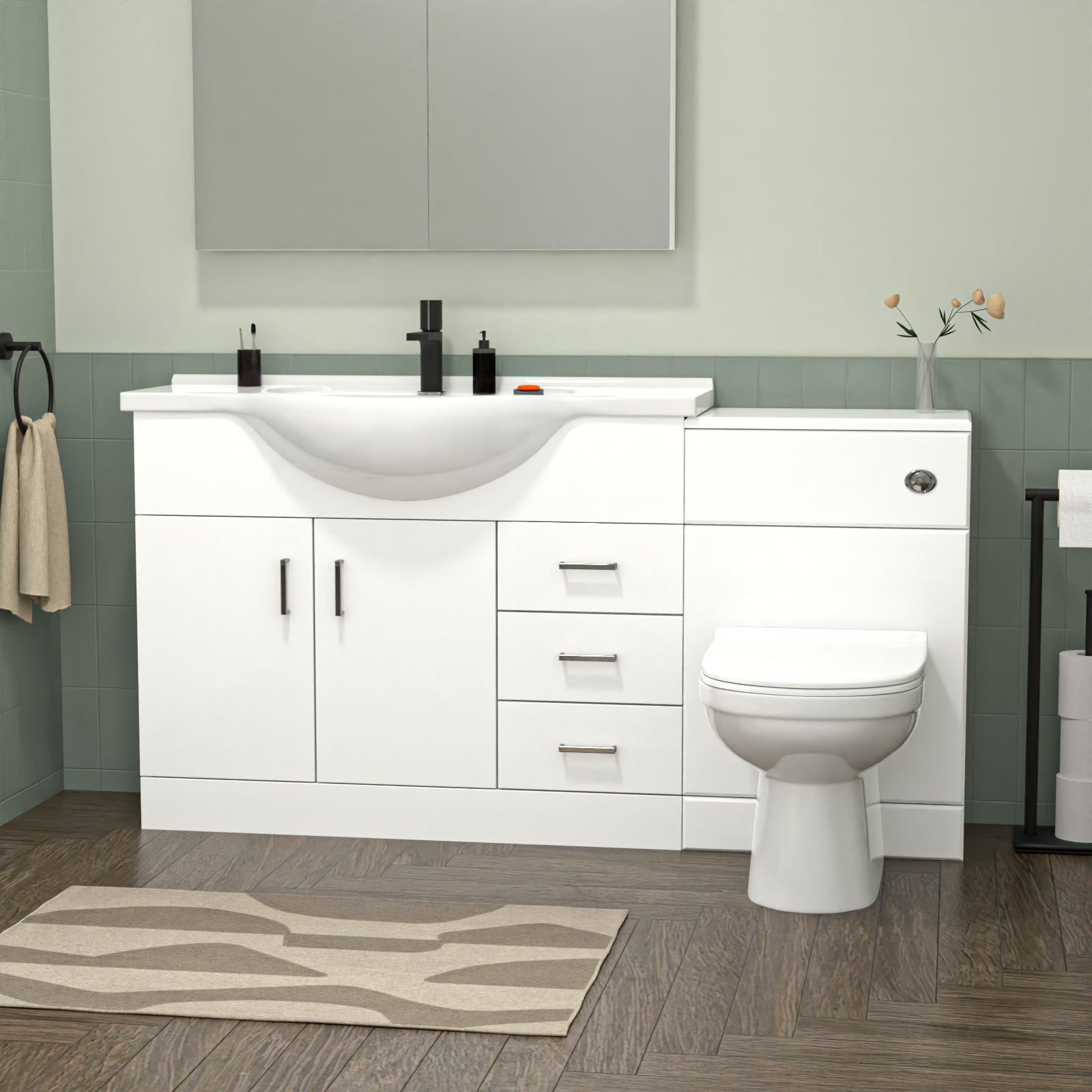 White 1050mm Freestanding Basin Vanity WC Unit Bath Panel & BTW Toilet