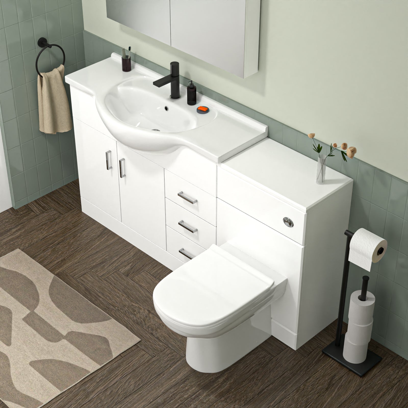 White 1050mm Freestanding Basin Vanity WC Unit Bath Panel & BTW Toilet