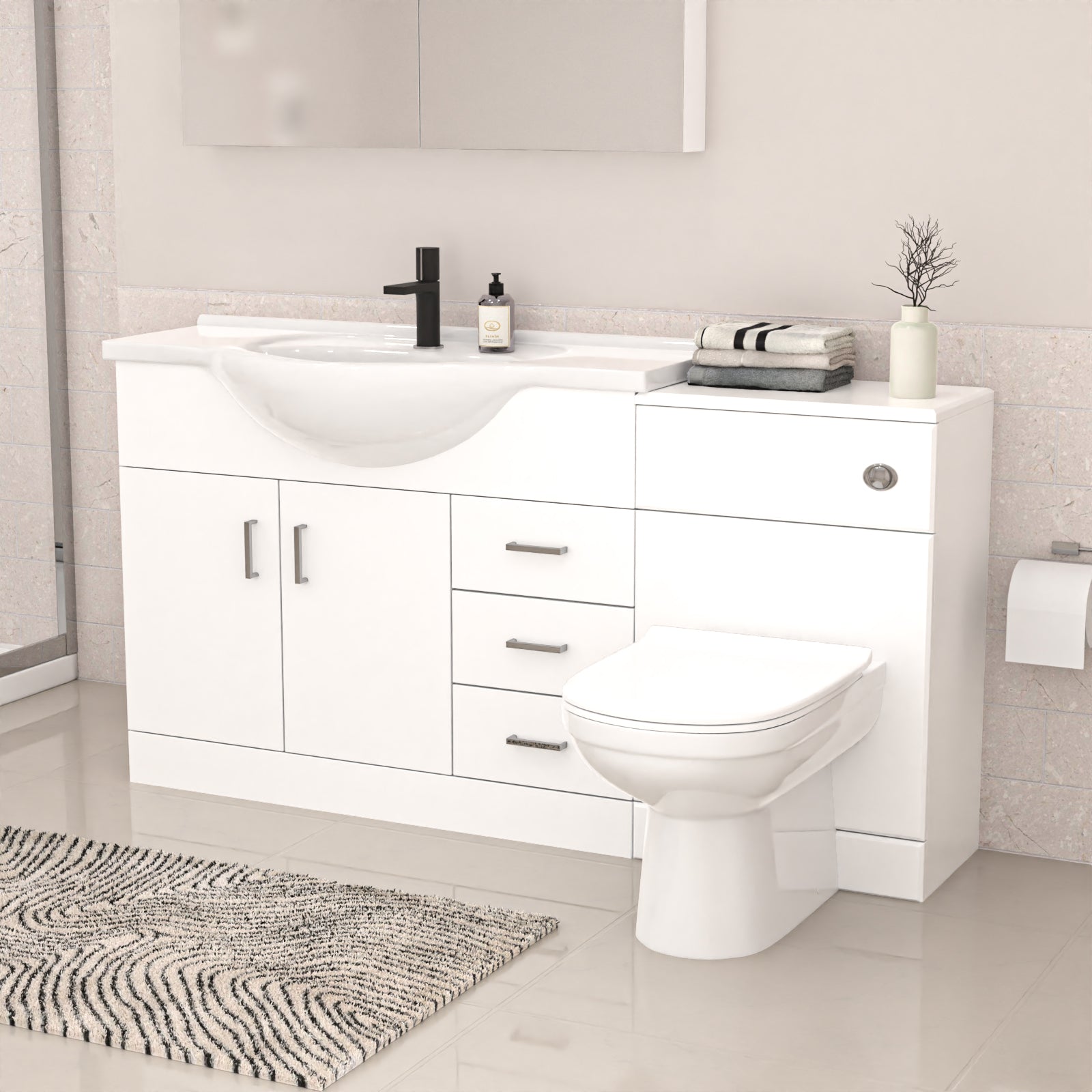 White 1050mm Freestanding Basin Vanity WC Unit Shower & BTW Toilet