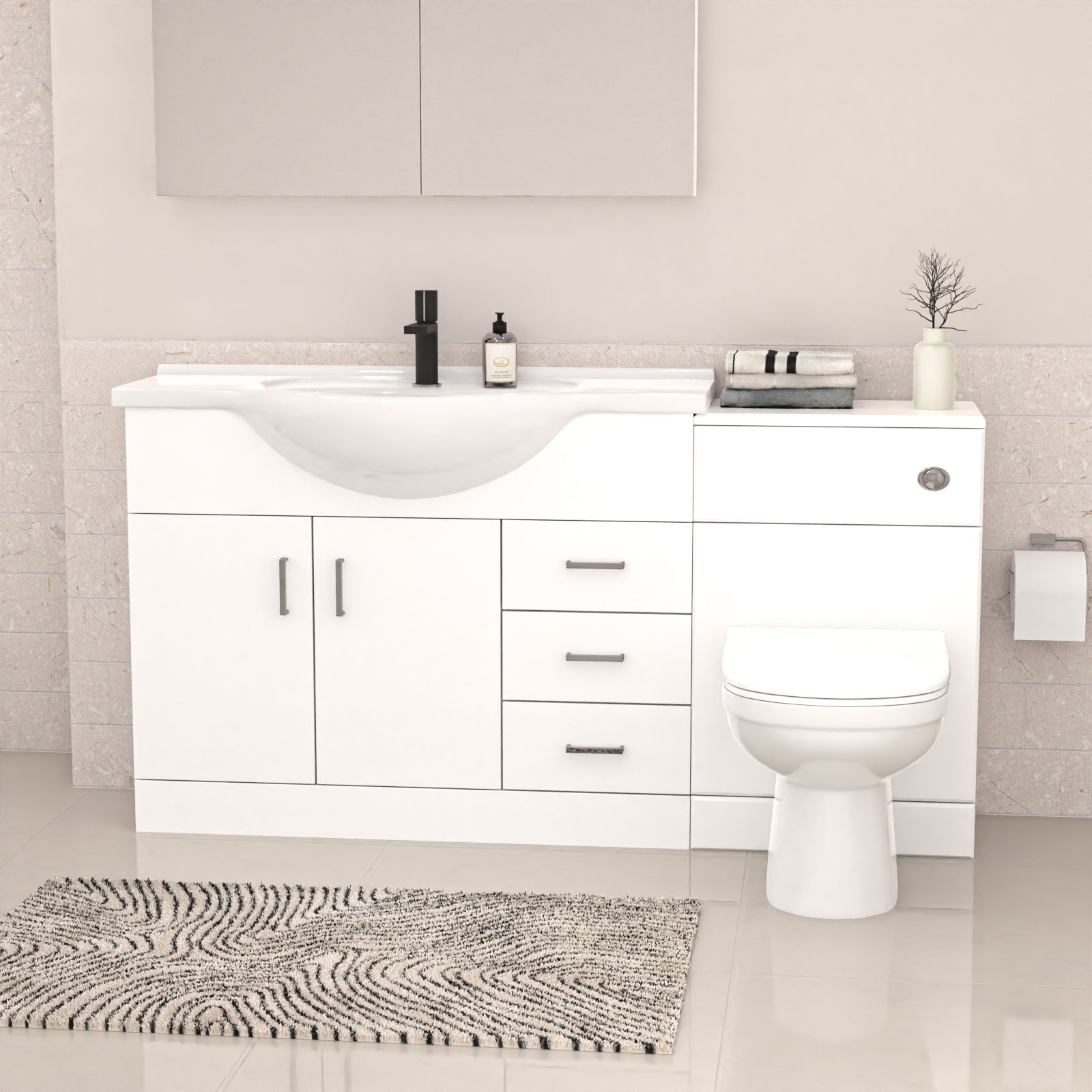 White 1050mm Freestanding Basin Vanity WC Unit Shower & BTW Toilet