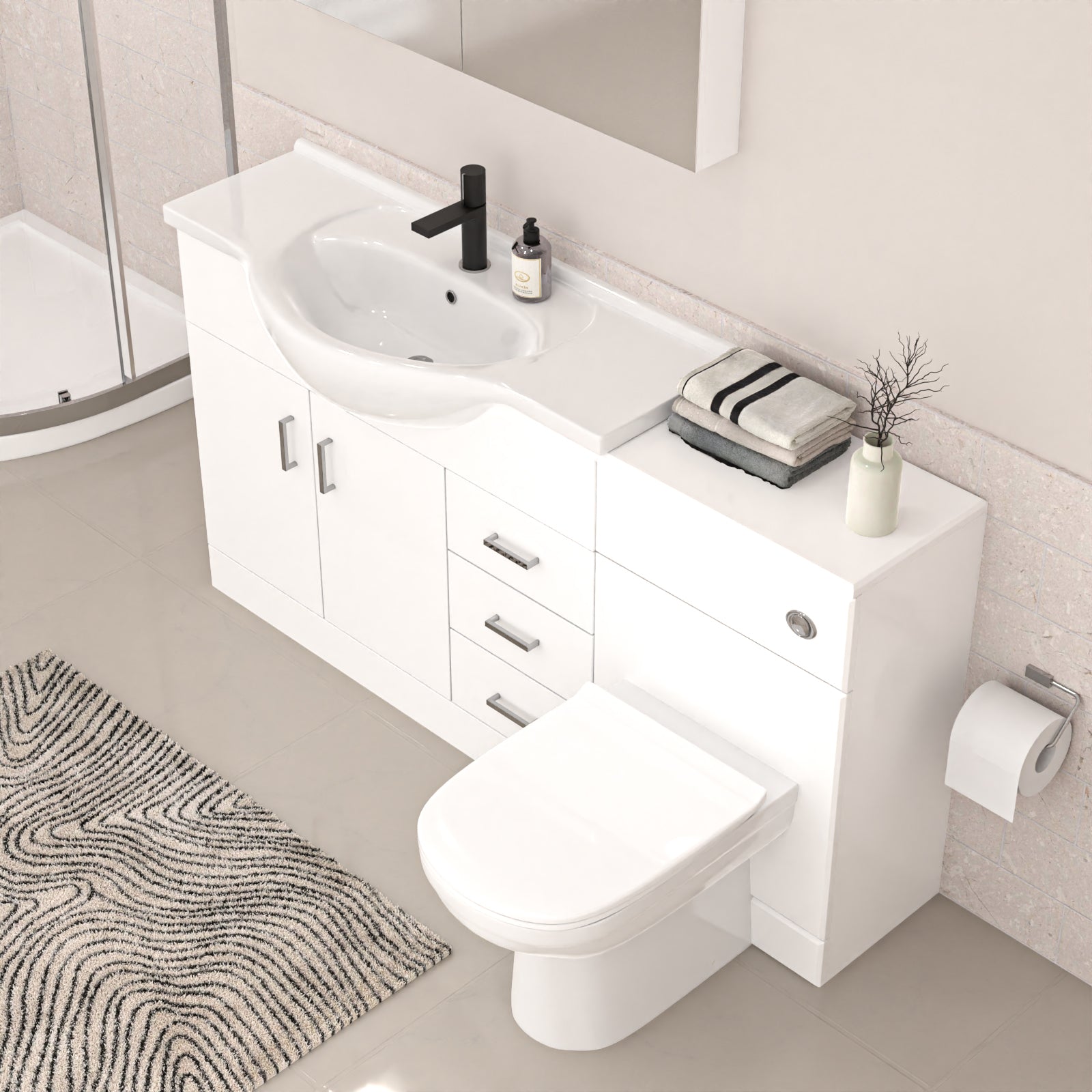 White 1050mm Freestanding Basin Vanity WC Unit Shower & BTW Toilet