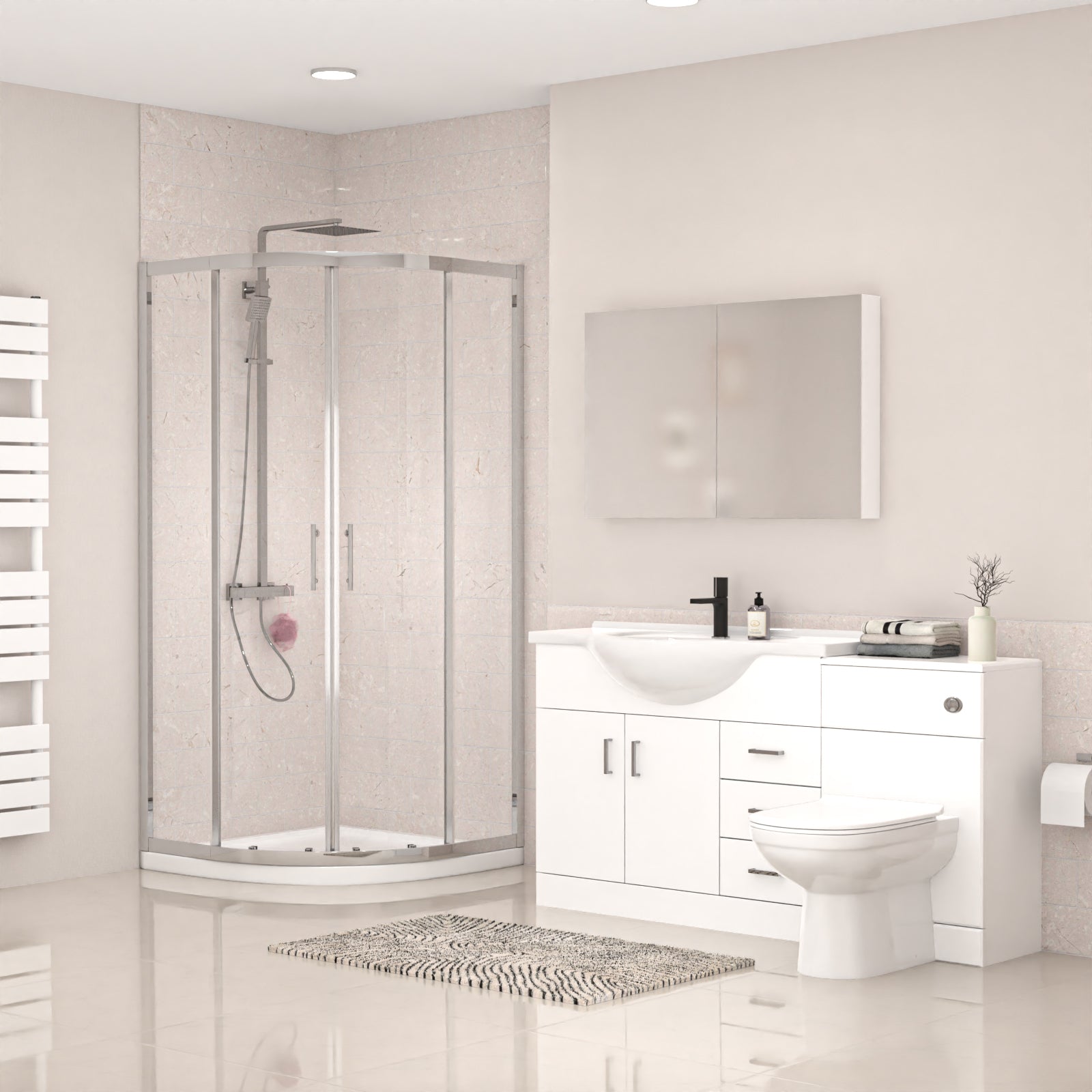 White 1050mm Freestanding Basin Vanity WC Unit Shower & BTW Toilet