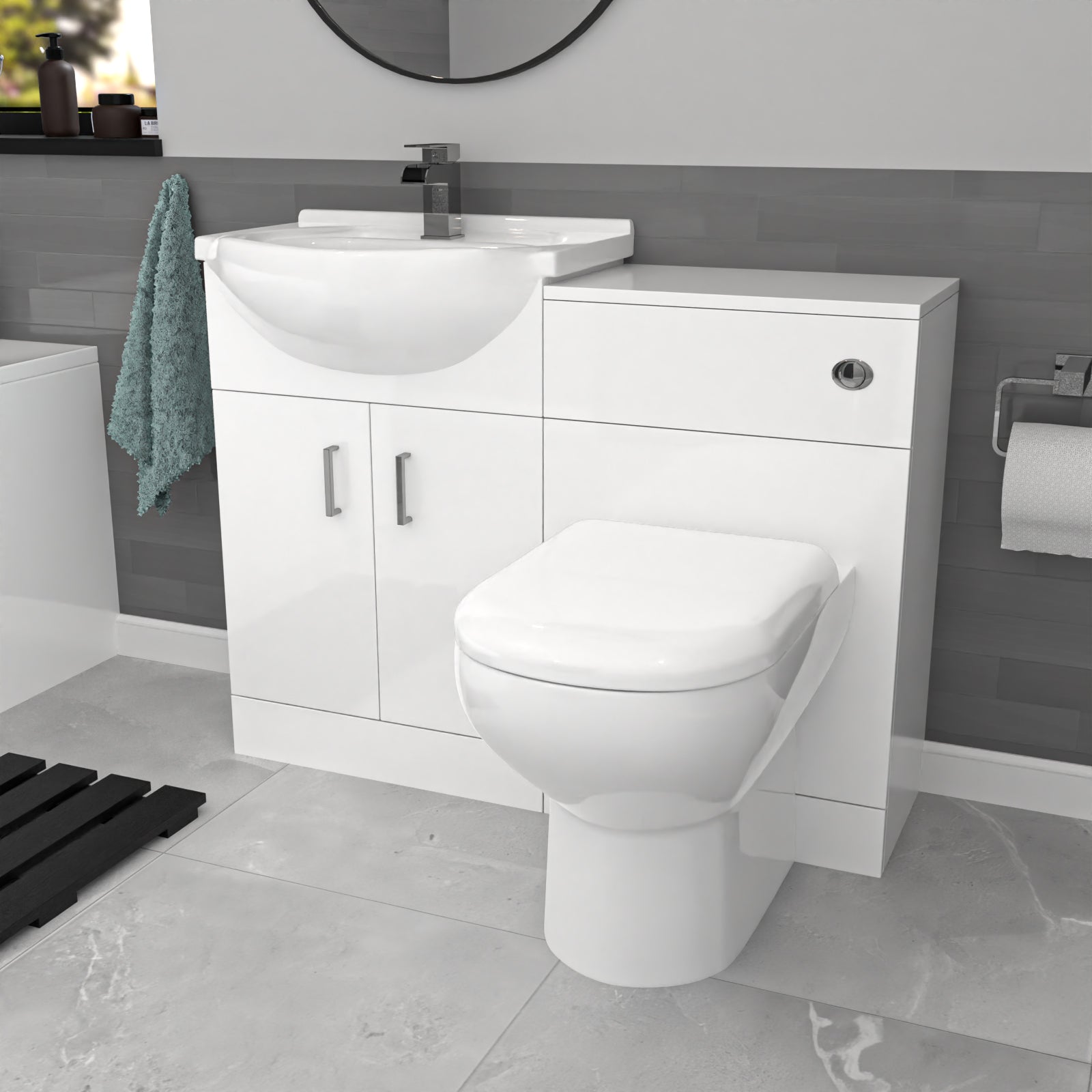 Ellen 550mm White Basin Vanity, WC Unit, Rimless BTW Toilet & Bath Set
