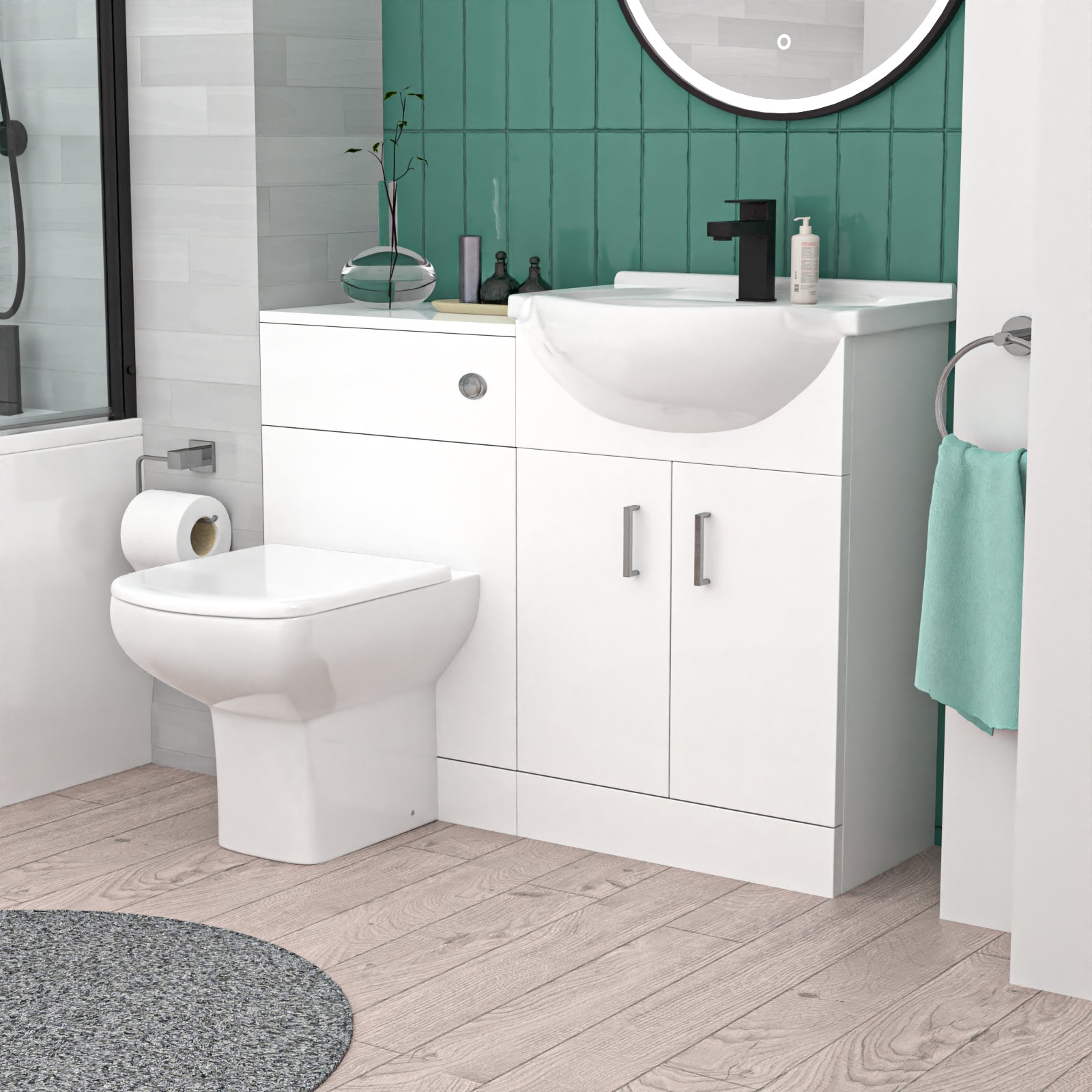 Ellen 1050mm White Basin Vanity, WC Unit & White Rimless BTW Toilet