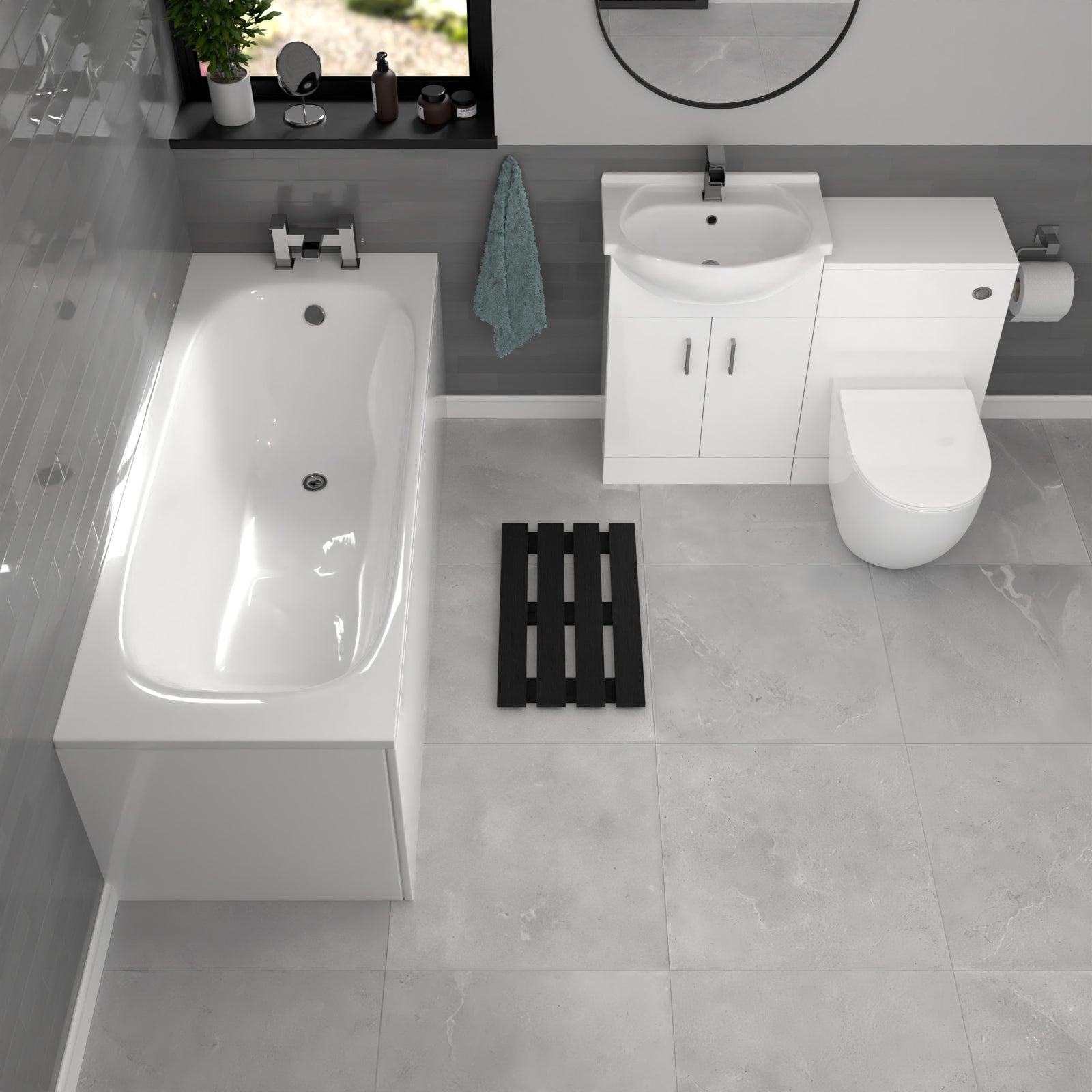 Ellen White Basin Vanity With WC Unit, Rimless BTW Toilet & 1700mm Bath Suite