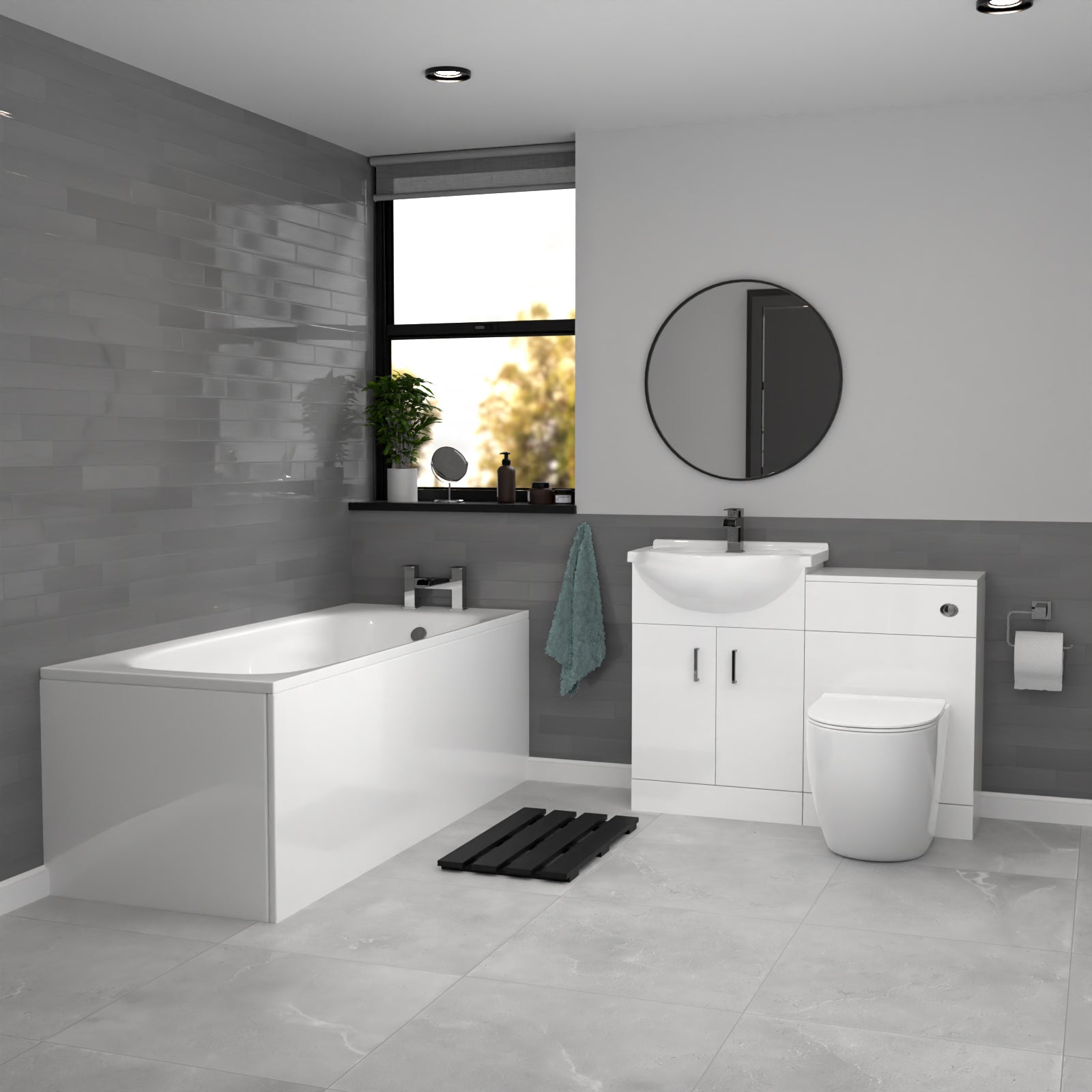 Ellen White Basin Vanity With WC Unit, Rimless BTW Toilet & 1700mm Bath Suite