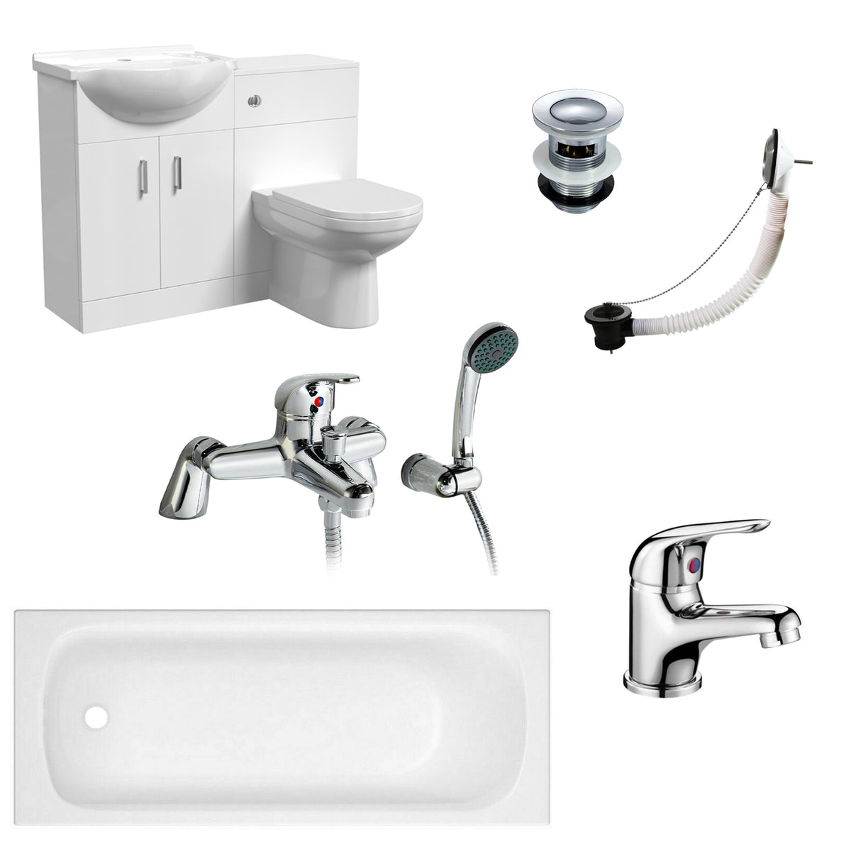 Bath Suite 1700mm Bath, 550mm Freestanding Vanity, WC With BTW Toilet & Bath Filler
