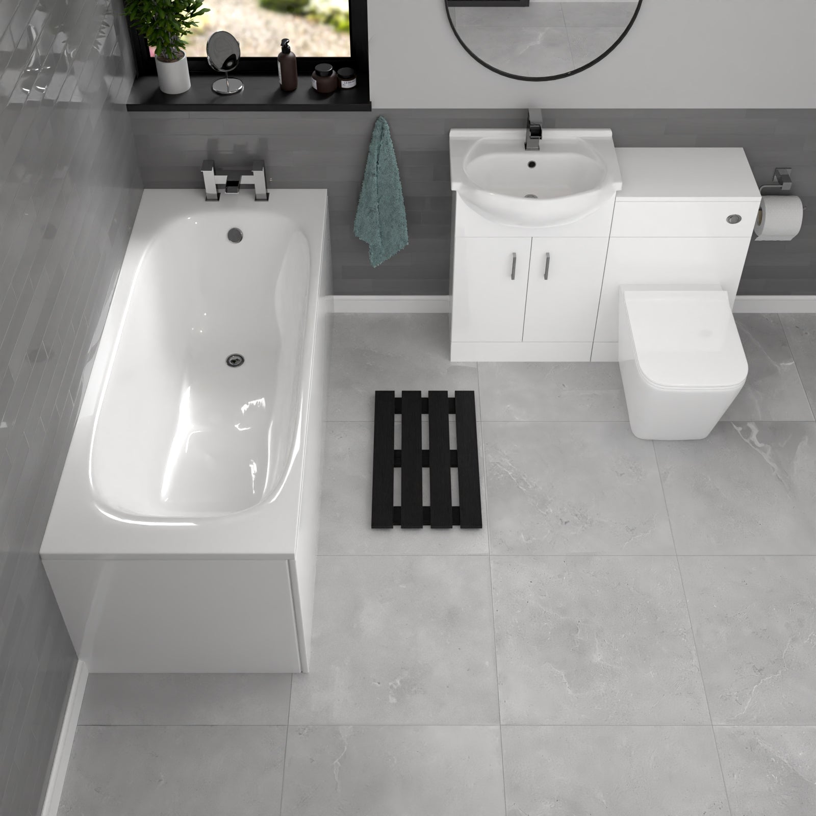 Ellen White Basin Vanity With WC Unit, Square BTW Toilet & 1700mm Bath Suite