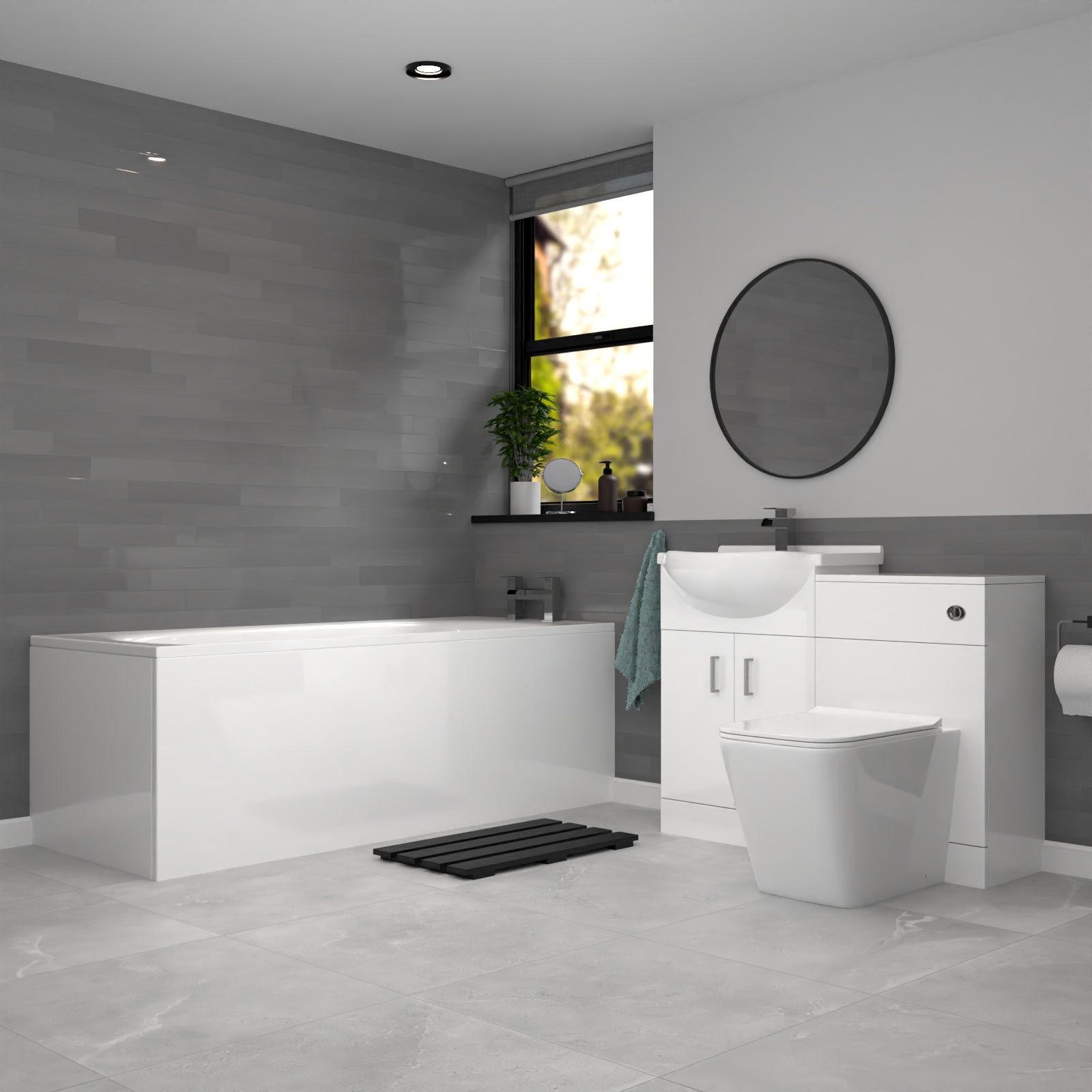 Ellen White Basin Vanity With WC Unit, Square BTW Toilet & 1700mm Bath Suite