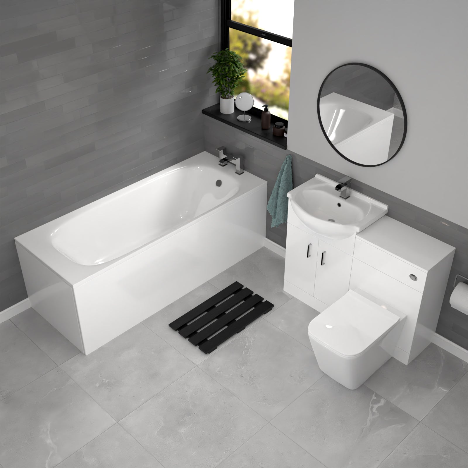 Ellen White Basin Vanity With WC Unit, Square BTW Toilet & 1700mm Bath Suite