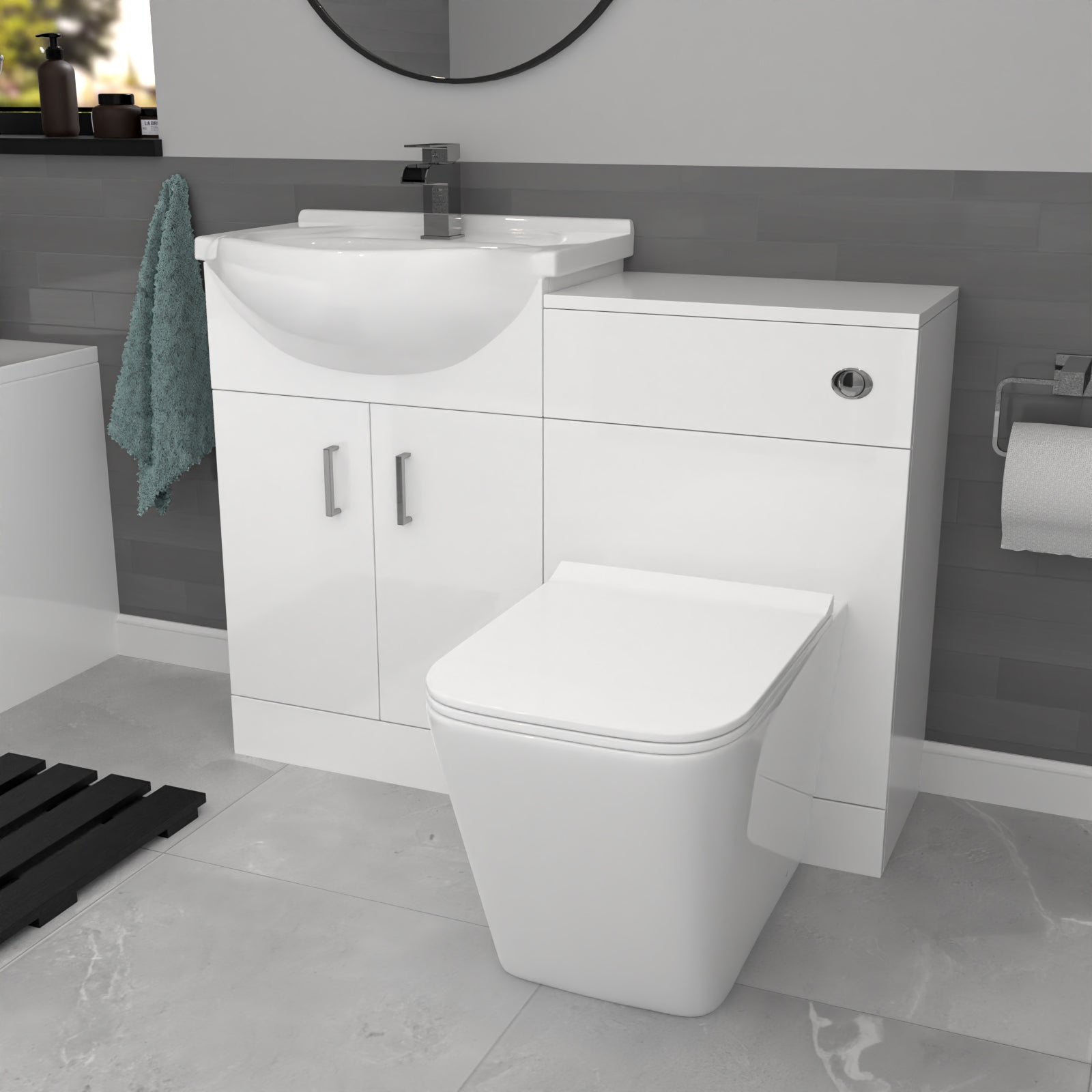 Ellen White Basin Vanity With WC Unit, Square BTW Toilet & 1700mm Bath Suite