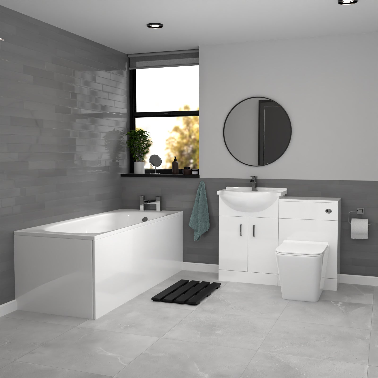 Ellen White Basin Vanity With WC Unit, Square BTW Toilet & 1700mm Bath Suite