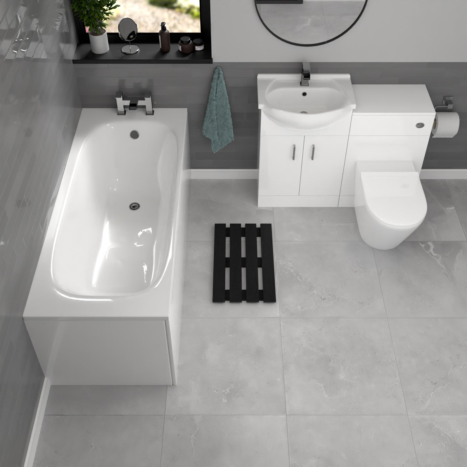 Ellen White Basin Vanity With WC Unit, Round BTW Toilet & 1700mm Bath Suite