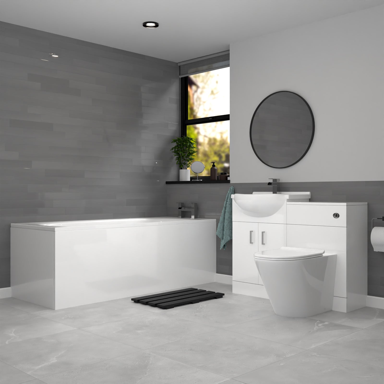 Ellen White Basin Vanity With WC Unit, Round BTW Toilet & 1700mm Bath Suite