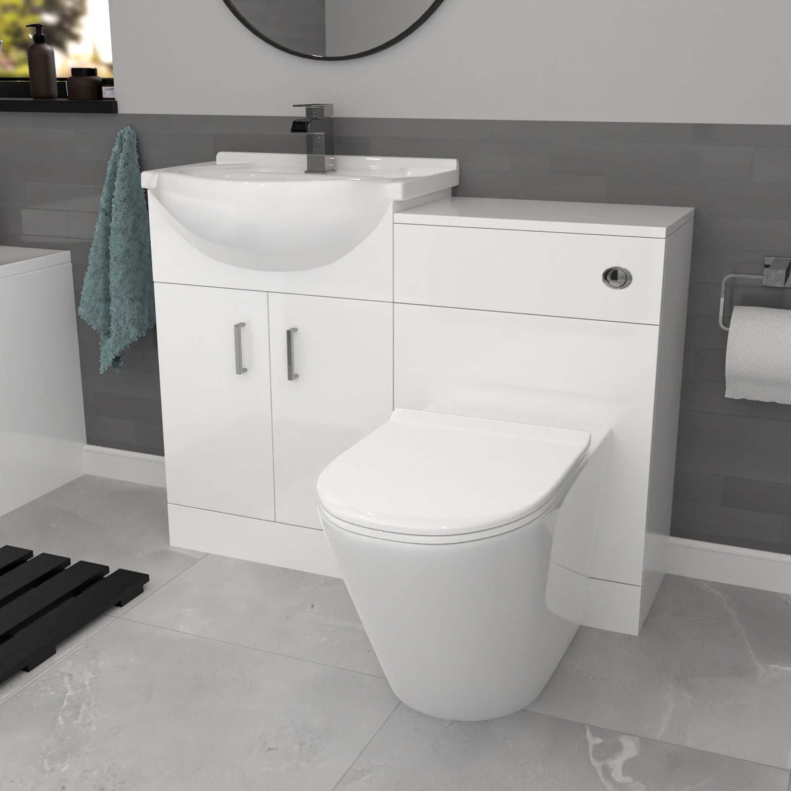 Ellen White Basin Vanity With WC Unit, Round BTW Toilet & 1700mm Bath Suite