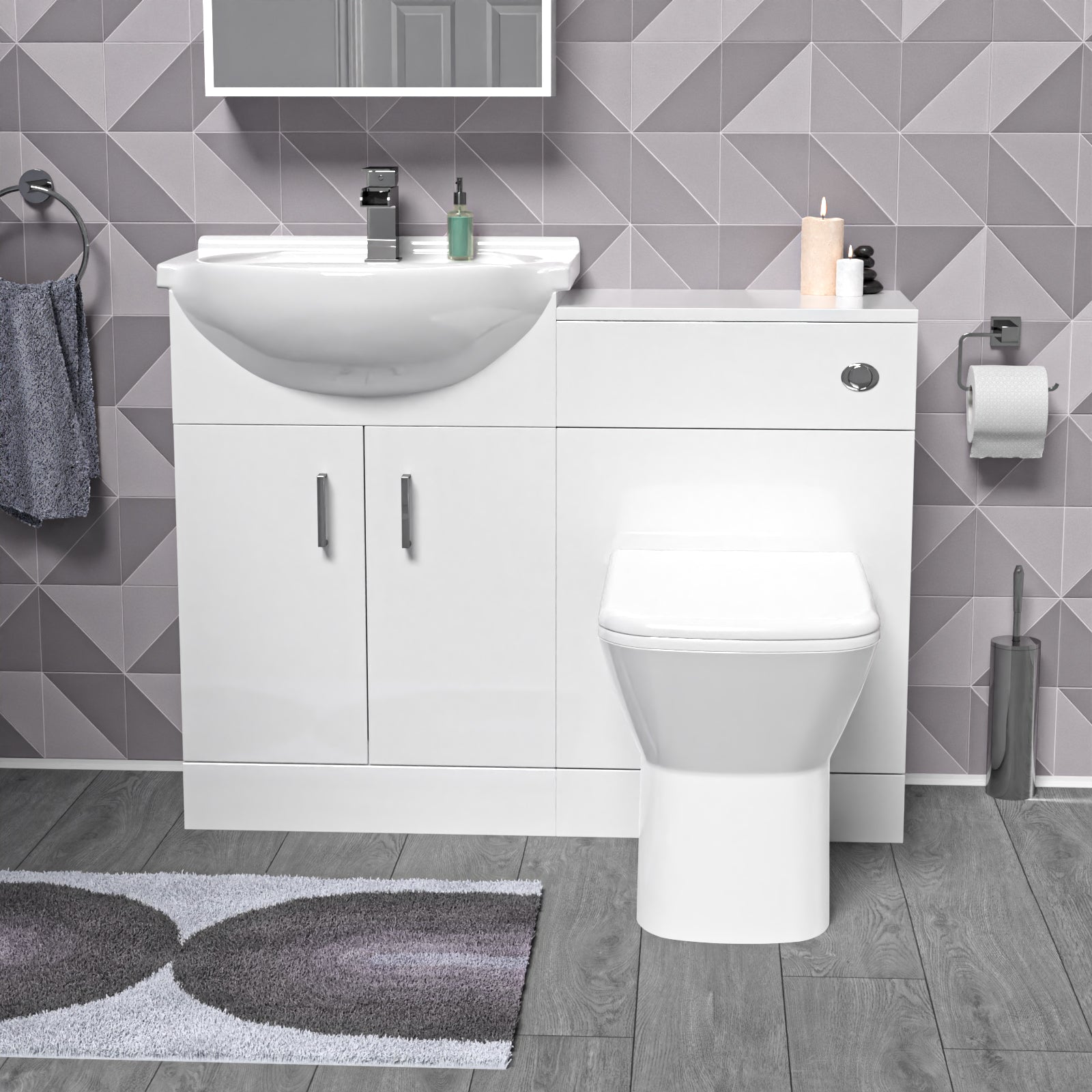 Ellen 1050mm White Vanity Unit With WC Unit & Rimless Back To Wall Toilet