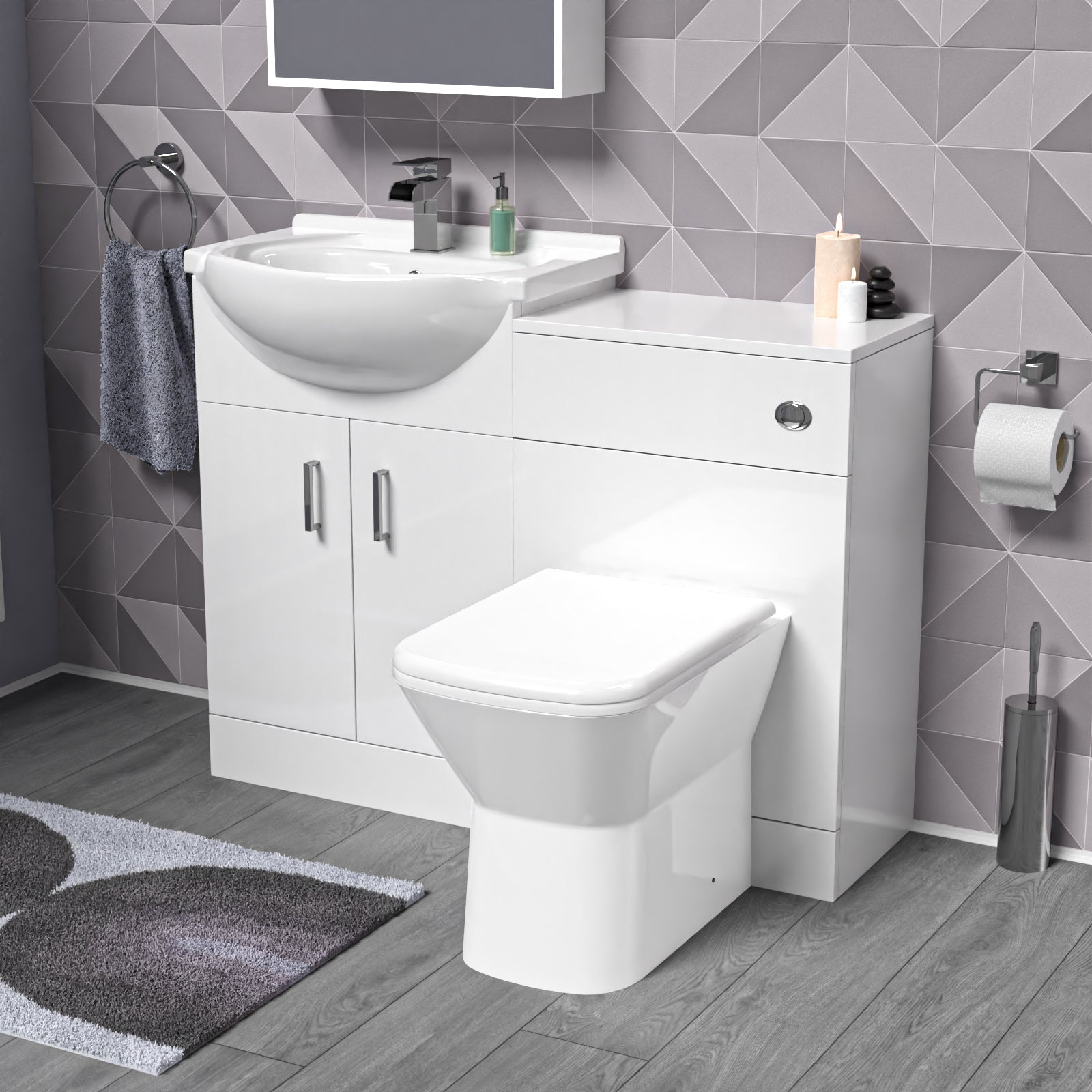 Ellen 1050mm White Vanity Unit With WC Unit & Rimless Back To Wall Toilet