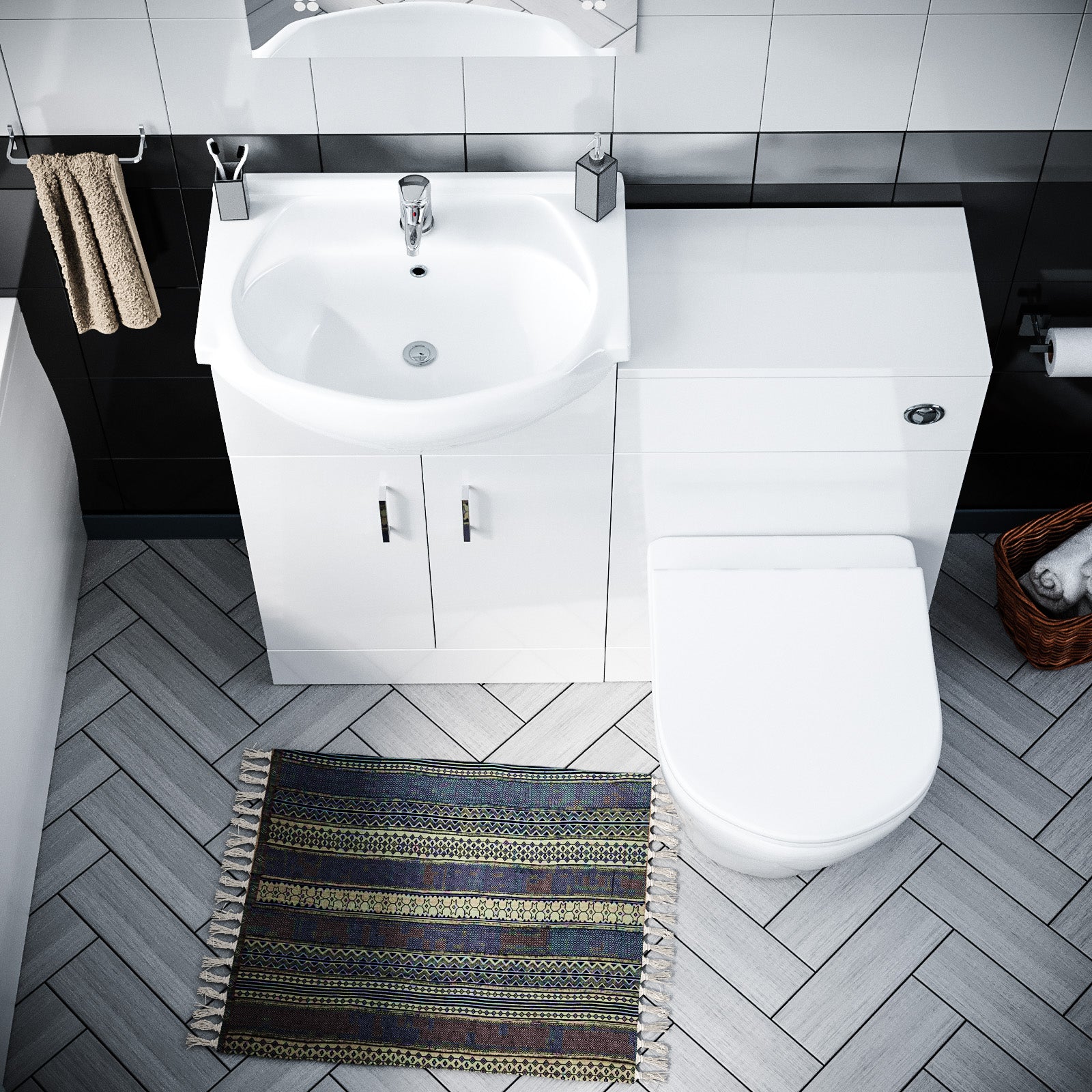 Ellen 550mm White Basin Vanity, WC, BTW Toilet & Acrylic Bath Suite Flat Pack