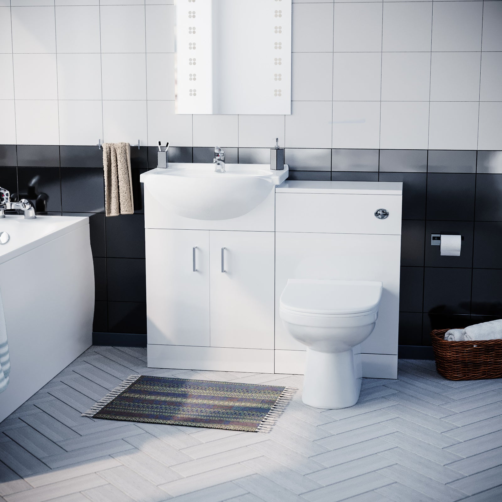 Warton Standard Bath, BTW Toilet, 550mm Basin Flat Pack Vanity Unit & WC Unit 3 Piece Bathroom Suite White