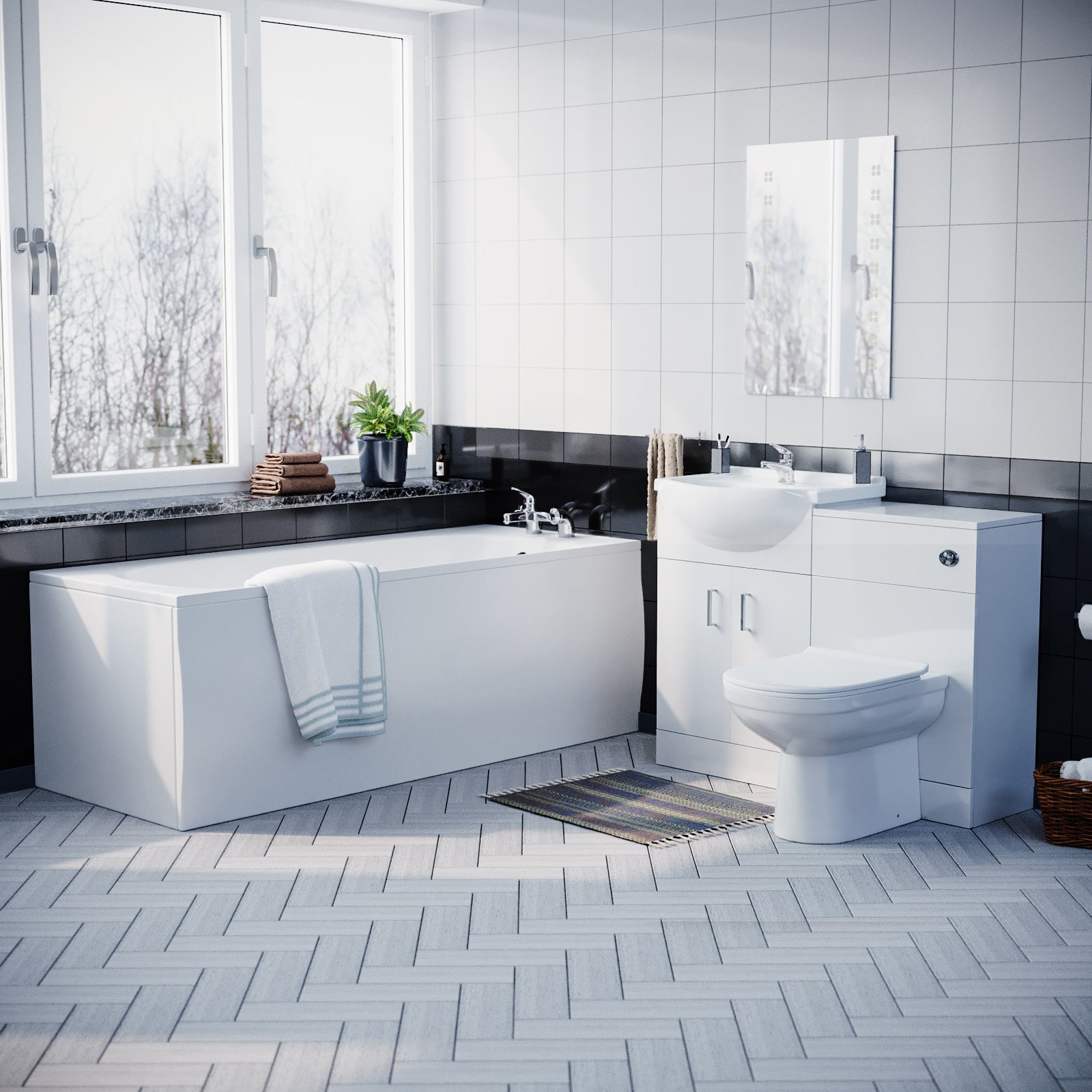 Warton Standard Bath, BTW Toilet, 550mm Basin Flat Pack Vanity Unit & WC Unit 3 Piece Bathroom Suite White