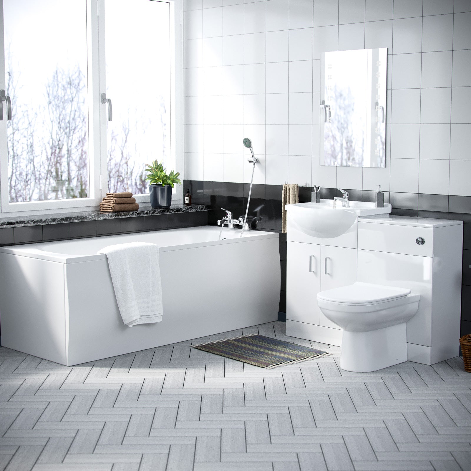Ellen 1700mm Bath, WC Unit, Back To Wall Toilet, Vanity Basin Unit, Mono and Bath Mixer Taps & Wastes White