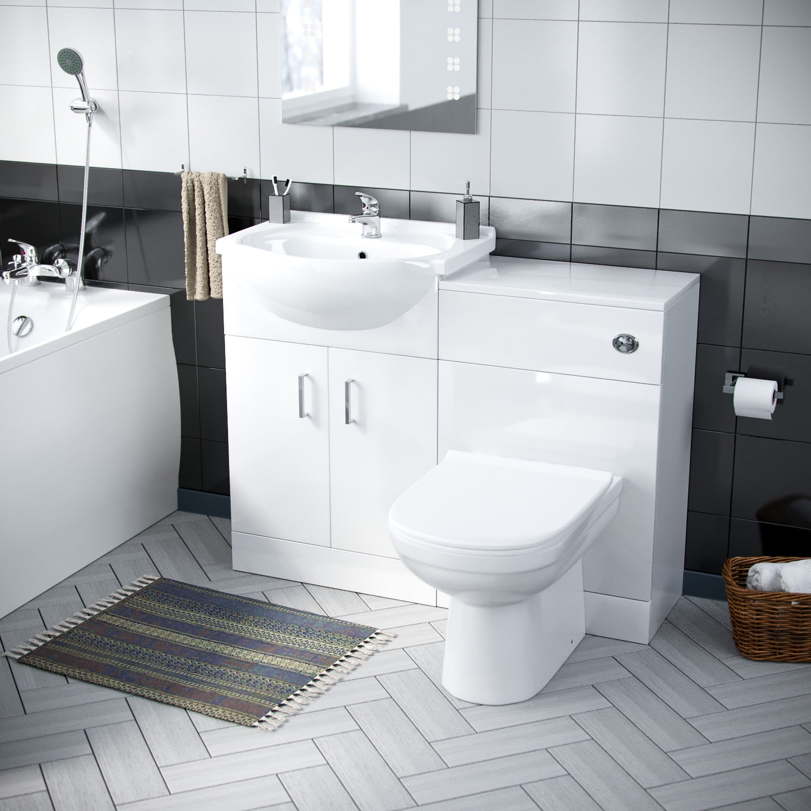 Ellen 1700mm Bath, WC Unit, Back To Wall Toilet, Vanity Basin Unit, Mono and Bath Mixer Taps & Wastes White