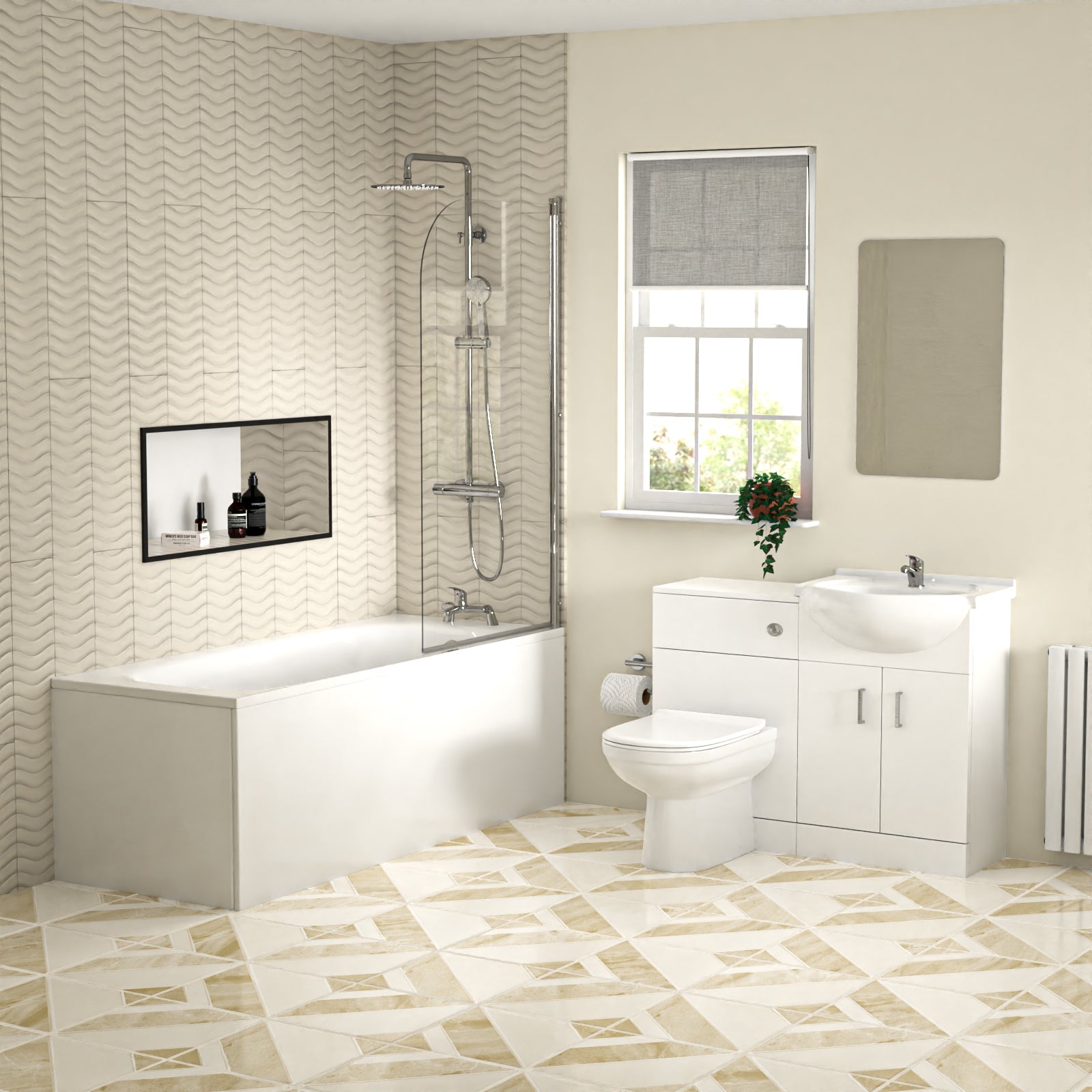 White 550mm Vanity WC Unit Toilet Bath Panel & Shower Screen Tap Set