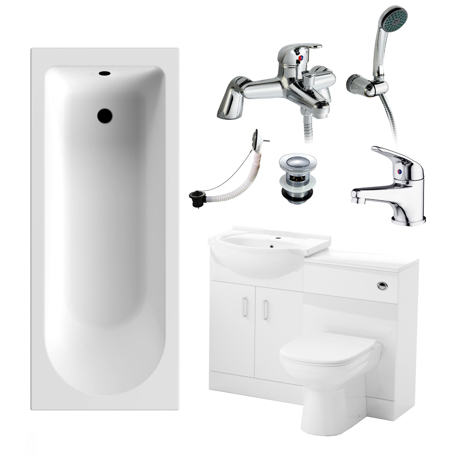Ellen 1700mm Bath, WC Unit, Back To Wall Toilet, Vanity Basin Unit, Mono and Bath Mixer Taps & Wastes White