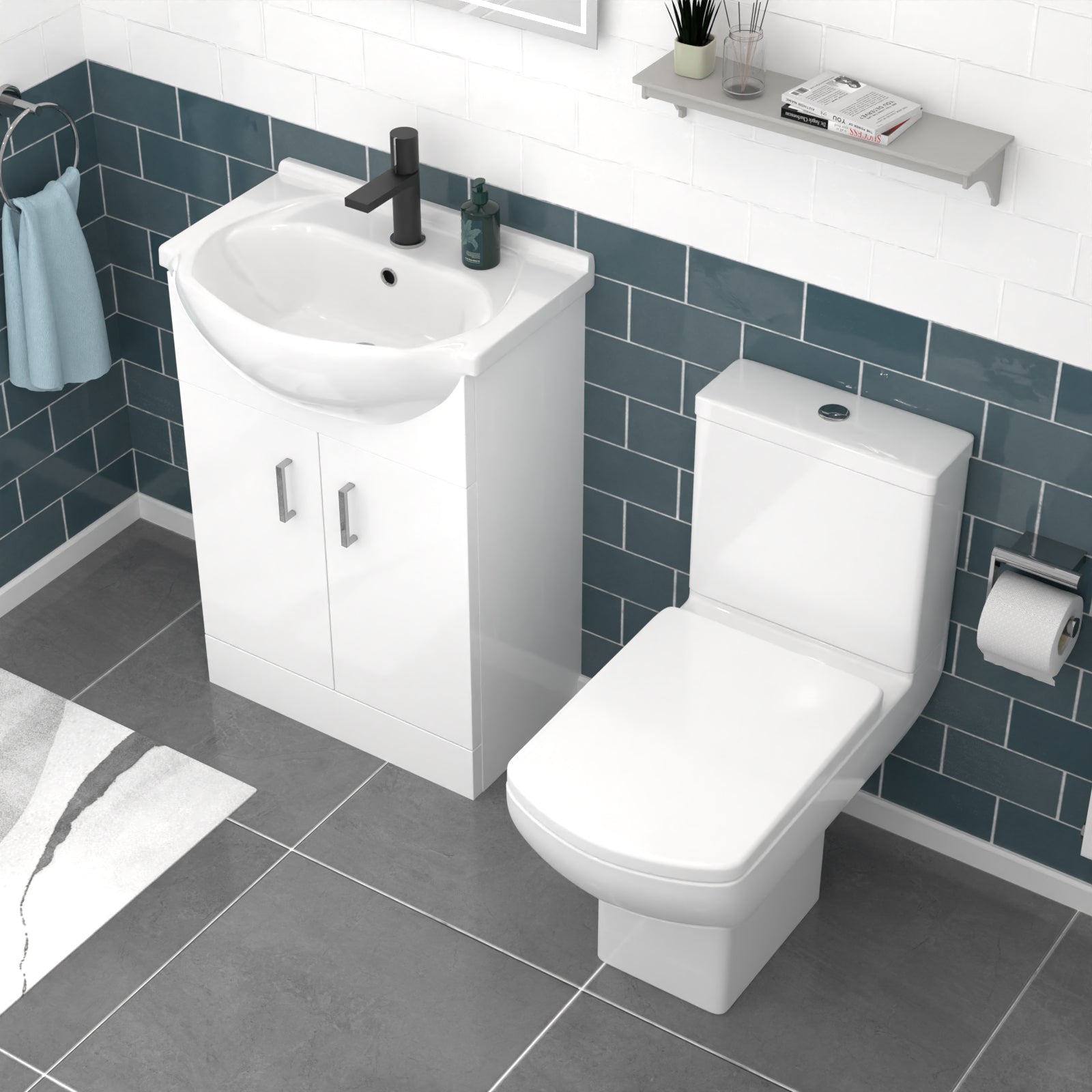 Ellen 550mm White Basin Vanity & Square Rimless Close Coupled Toilet