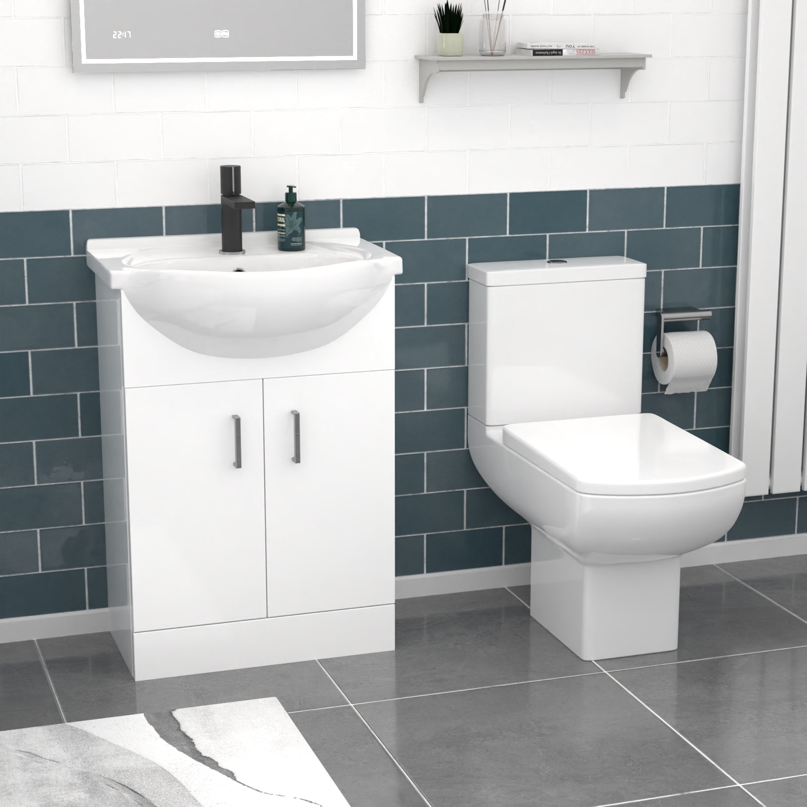 Ellen 550mm White Basin Vanity & Square Rimless Close Coupled Toilet