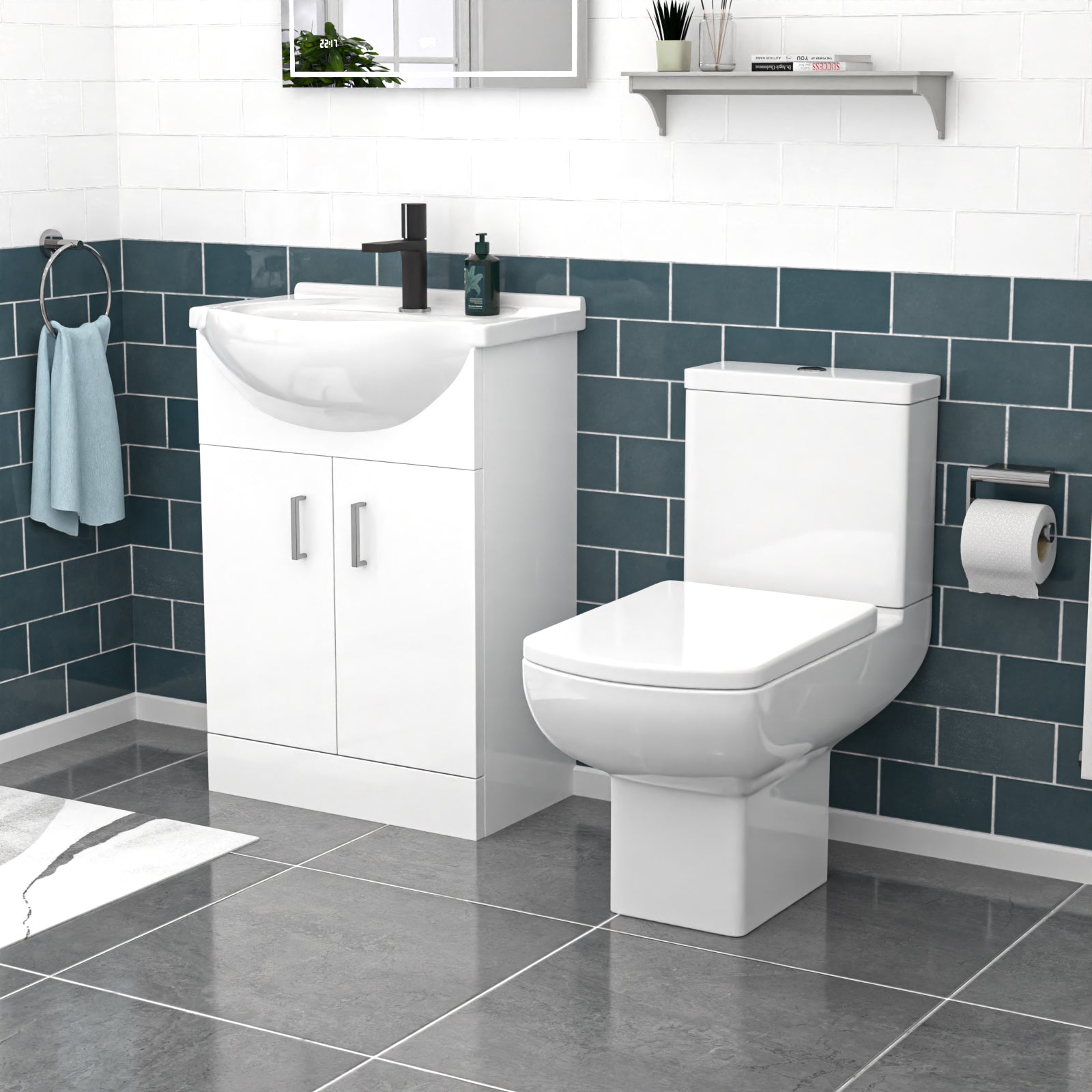 Ellen 550mm White Basin Vanity, Square Rimless Close Coupled Toilet And Bath