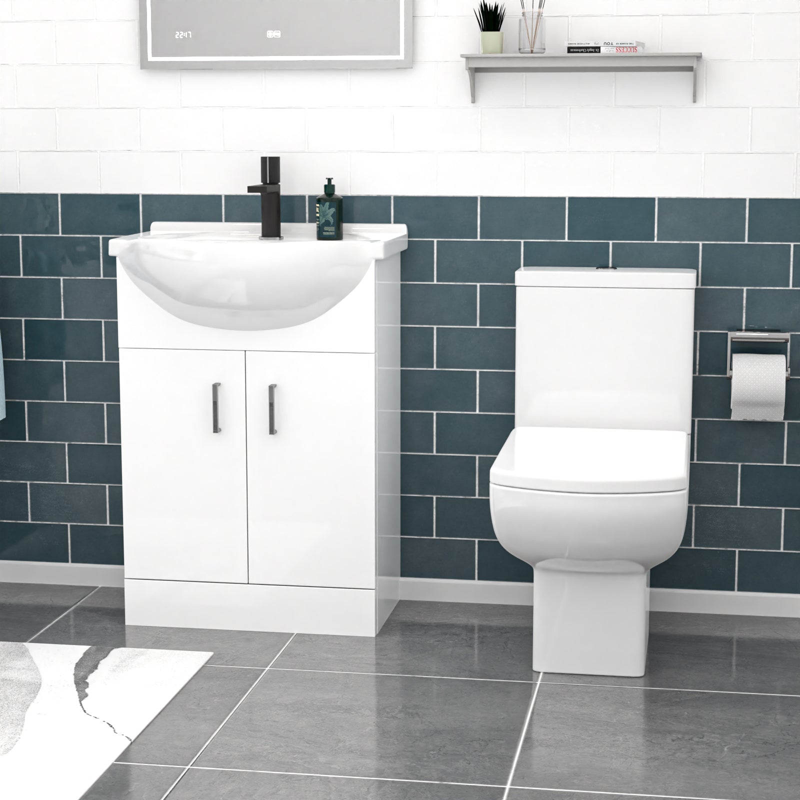 Ellen 550mm White Basin Vanity, Square Rimless Close Coupled Toilet And Bath