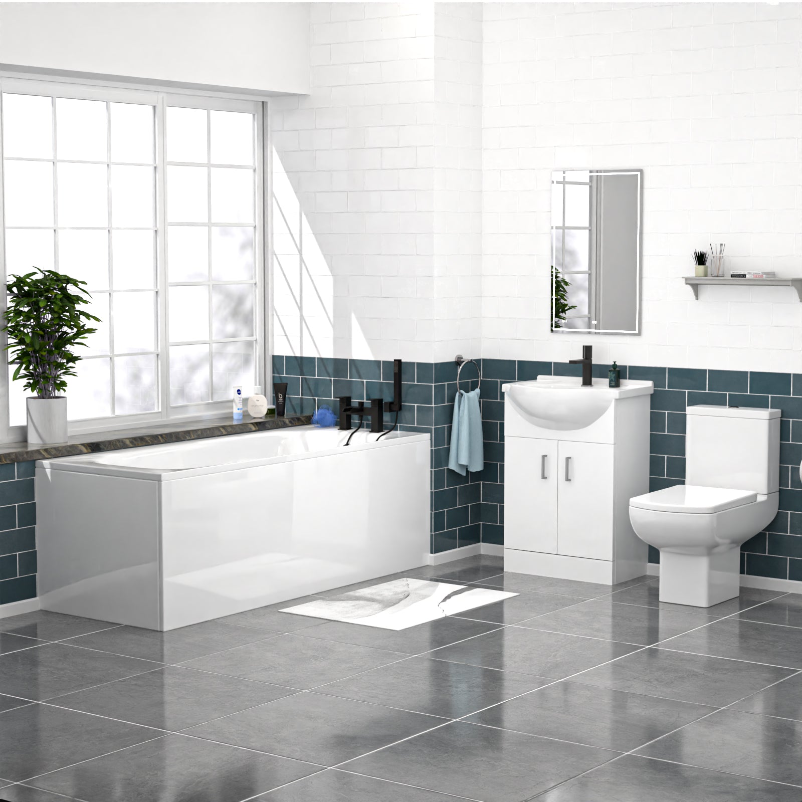 Ellen 550mm White Basin Vanity, Square Rimless Close Coupled Toilet And Bath
