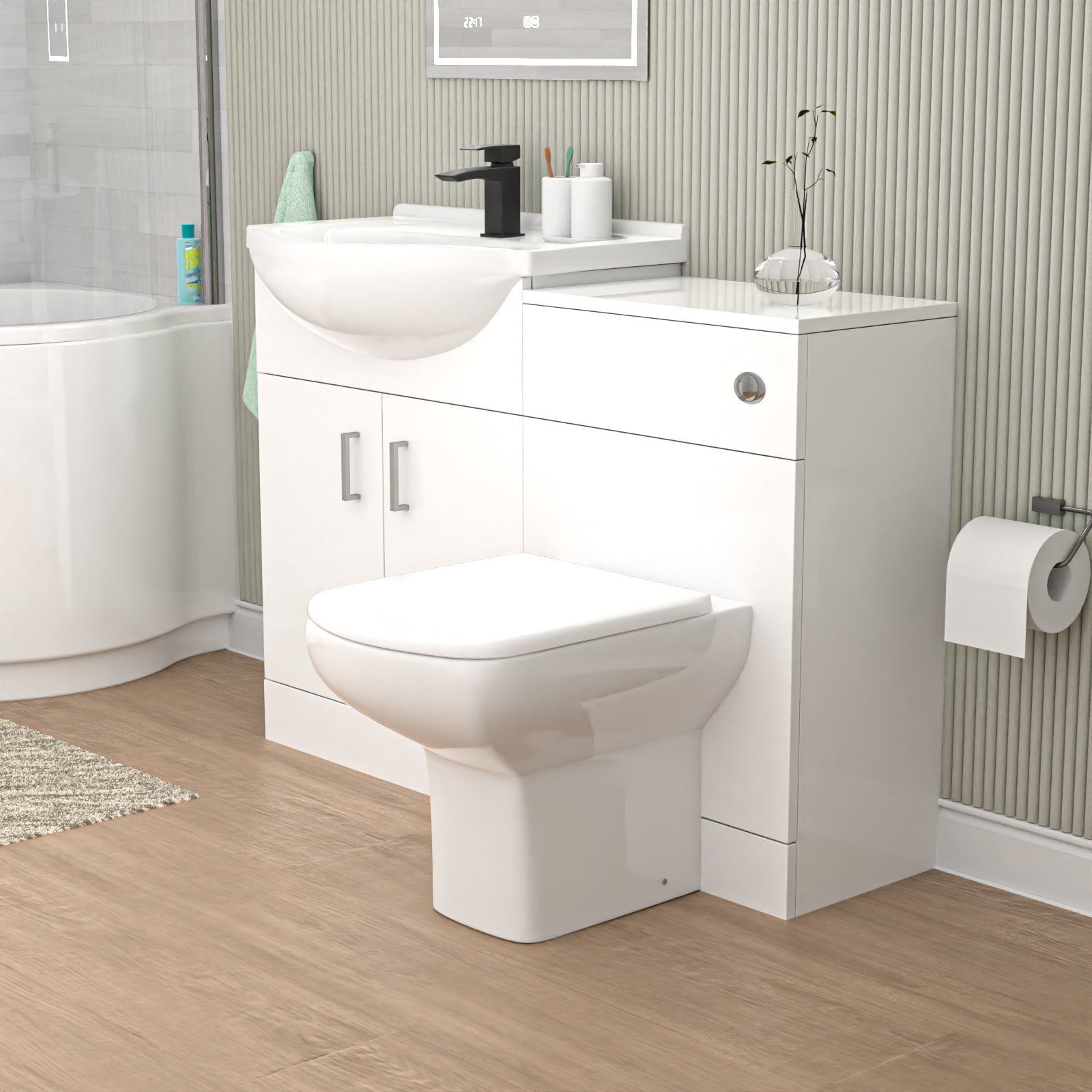 Ellen 1100mm White Basin Vanity, WC Unit & White Rimless BTW Toilet