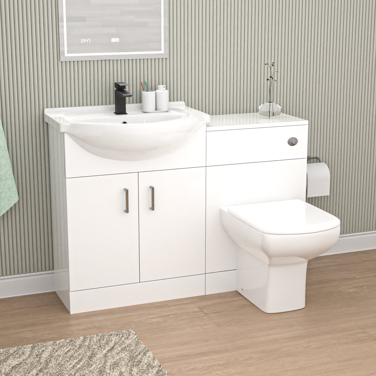 Ellen 1100mm White Basin Vanity, WC Unit & White Rimless BTW Toilet