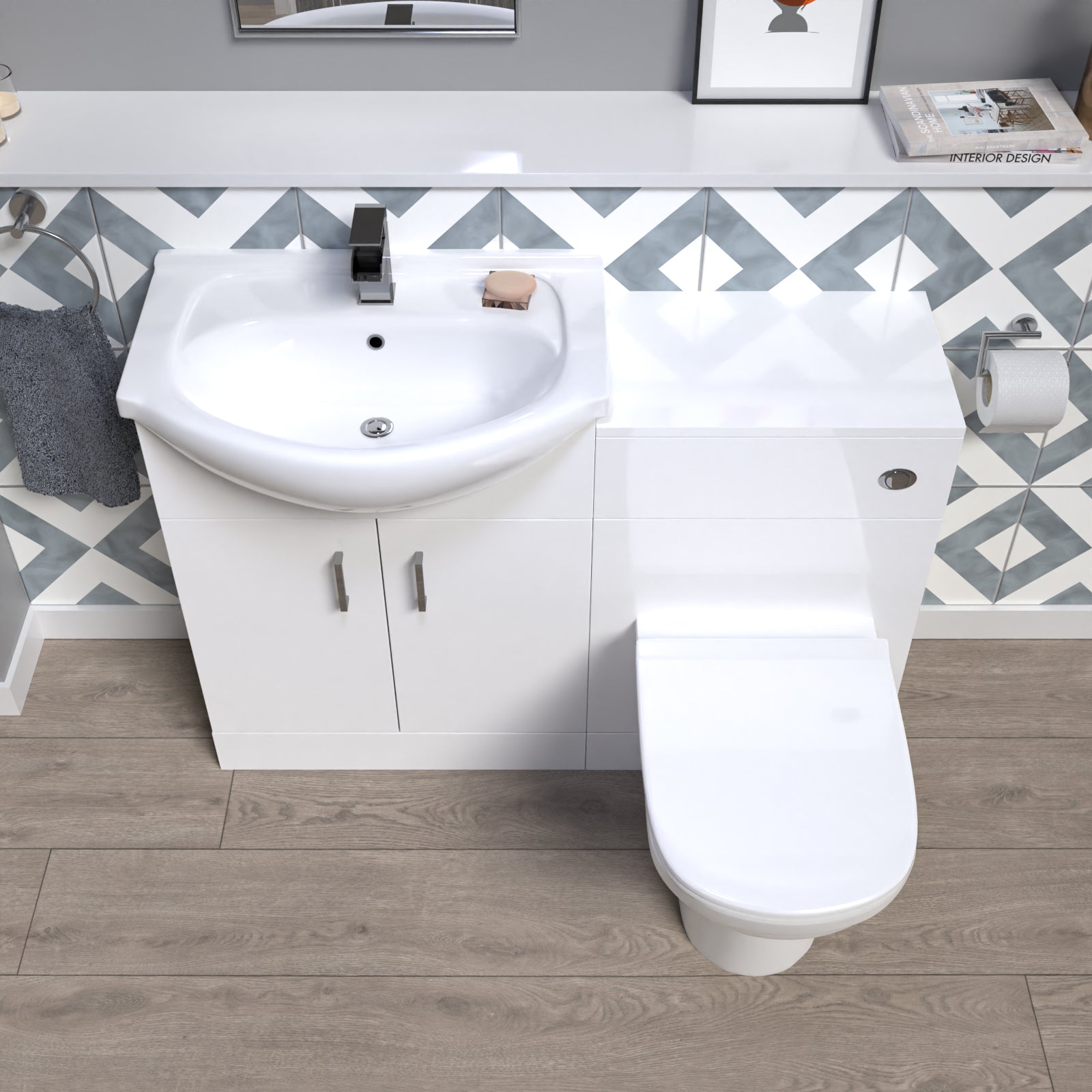 1150mm White Vanity Unit With Basin, WC Unit & Round BTW Toilet