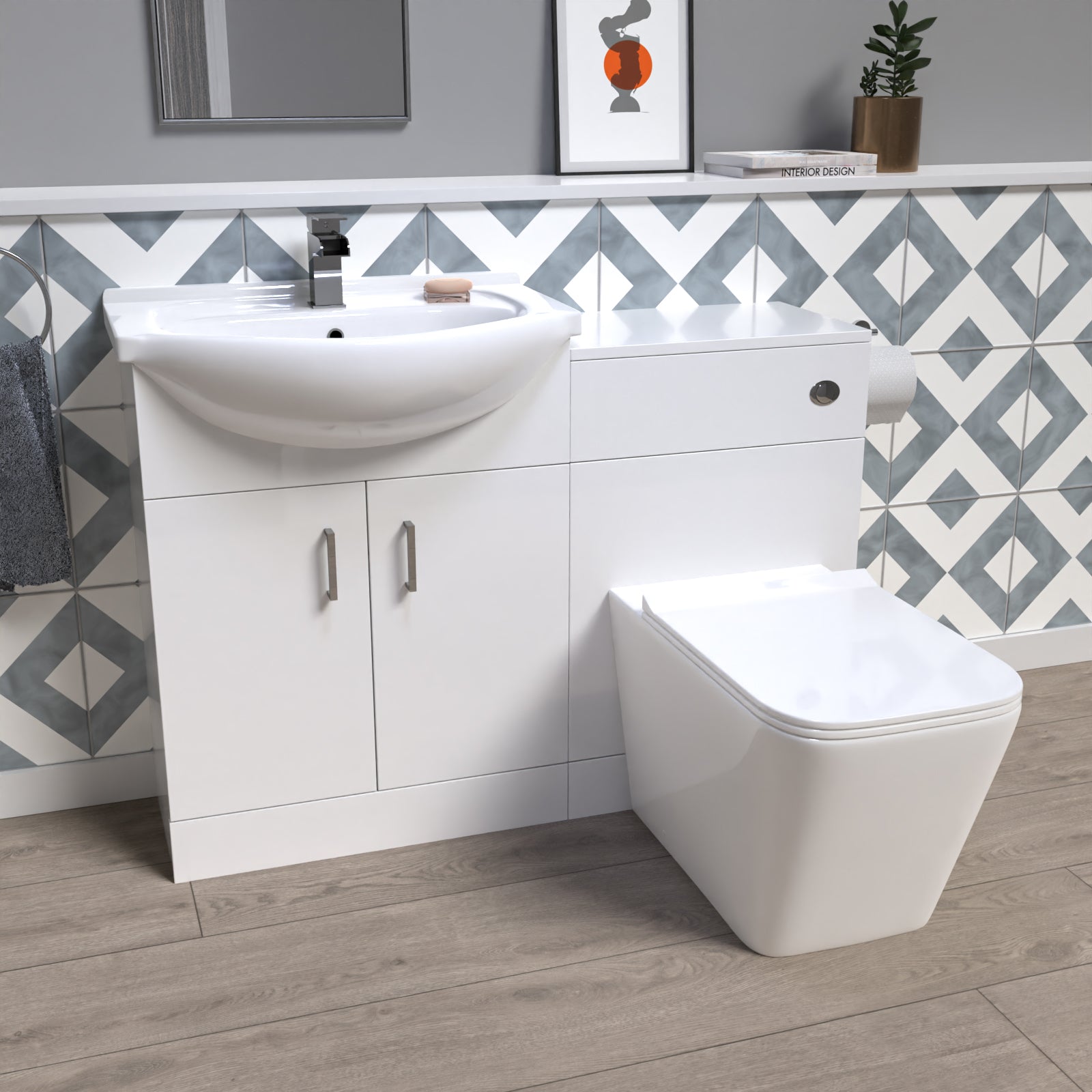 Ellen 1150mm White Vanity Unit With Basin, WC Unit & Square BTW Toilet