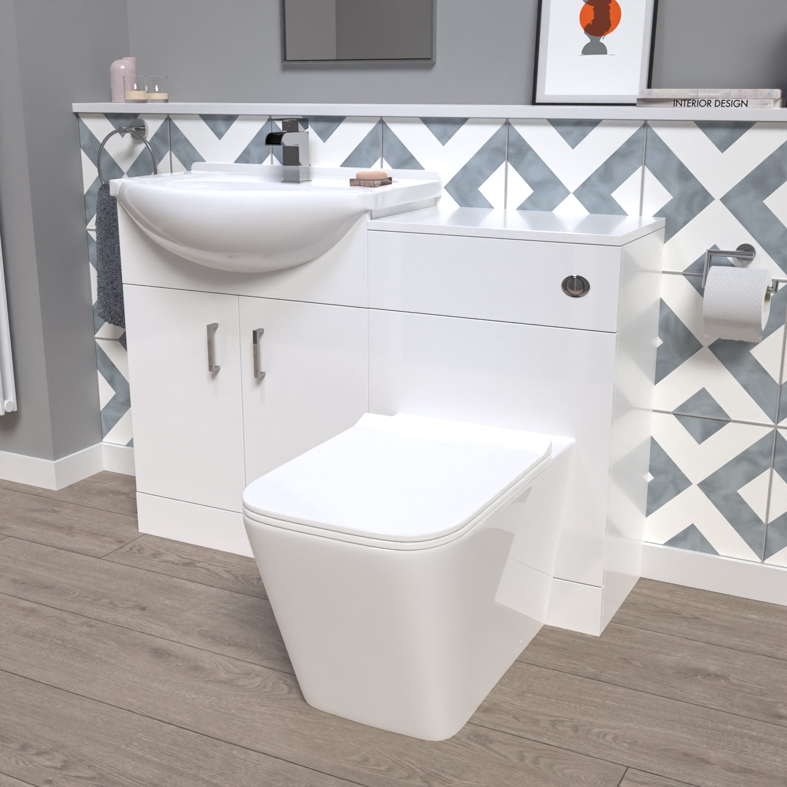 1150mm White Vanity Unit With Basin, WC Unit & Square BTW Toilet