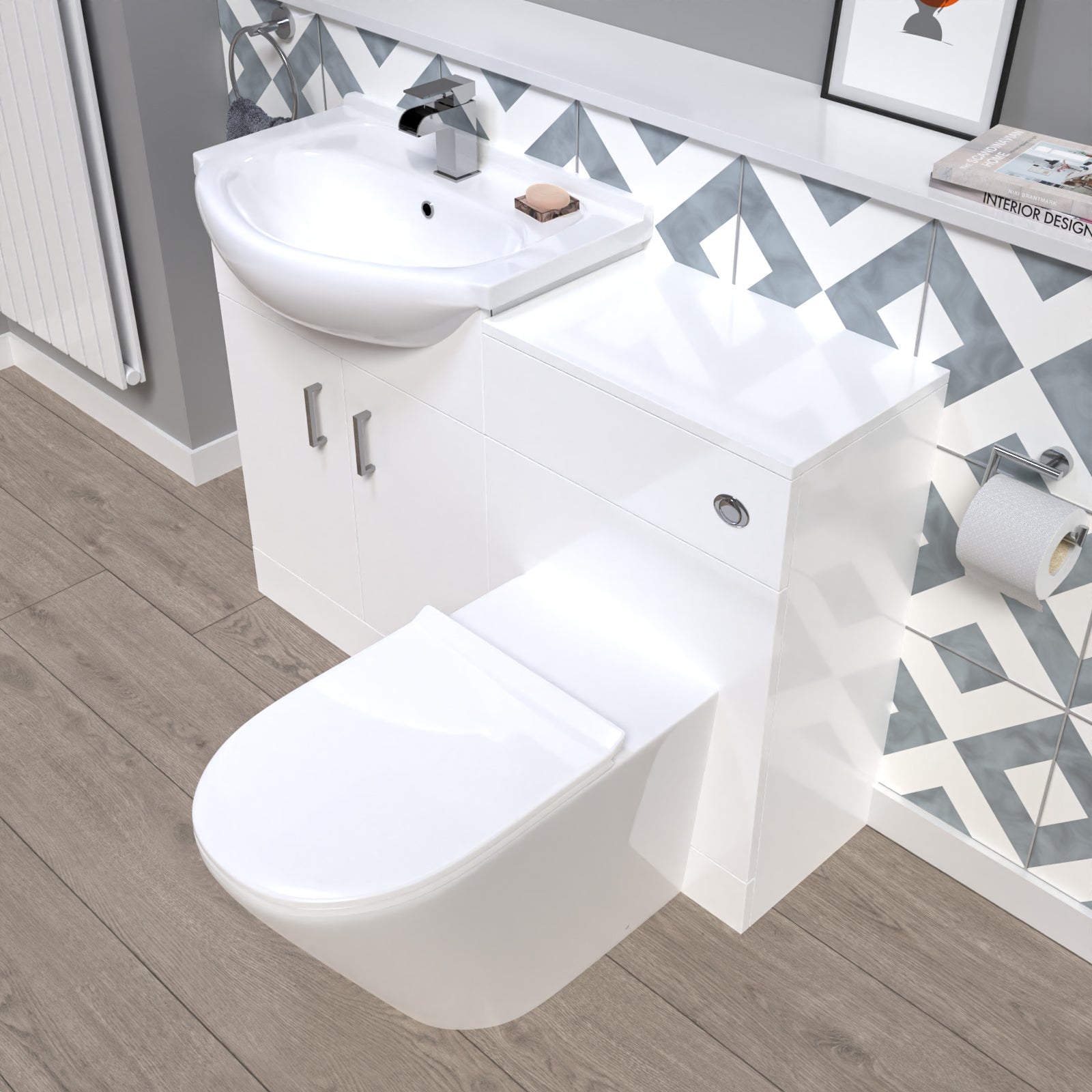 1150mm White Vanity Unit With Basin, WC Unit & Round BTW Toilet