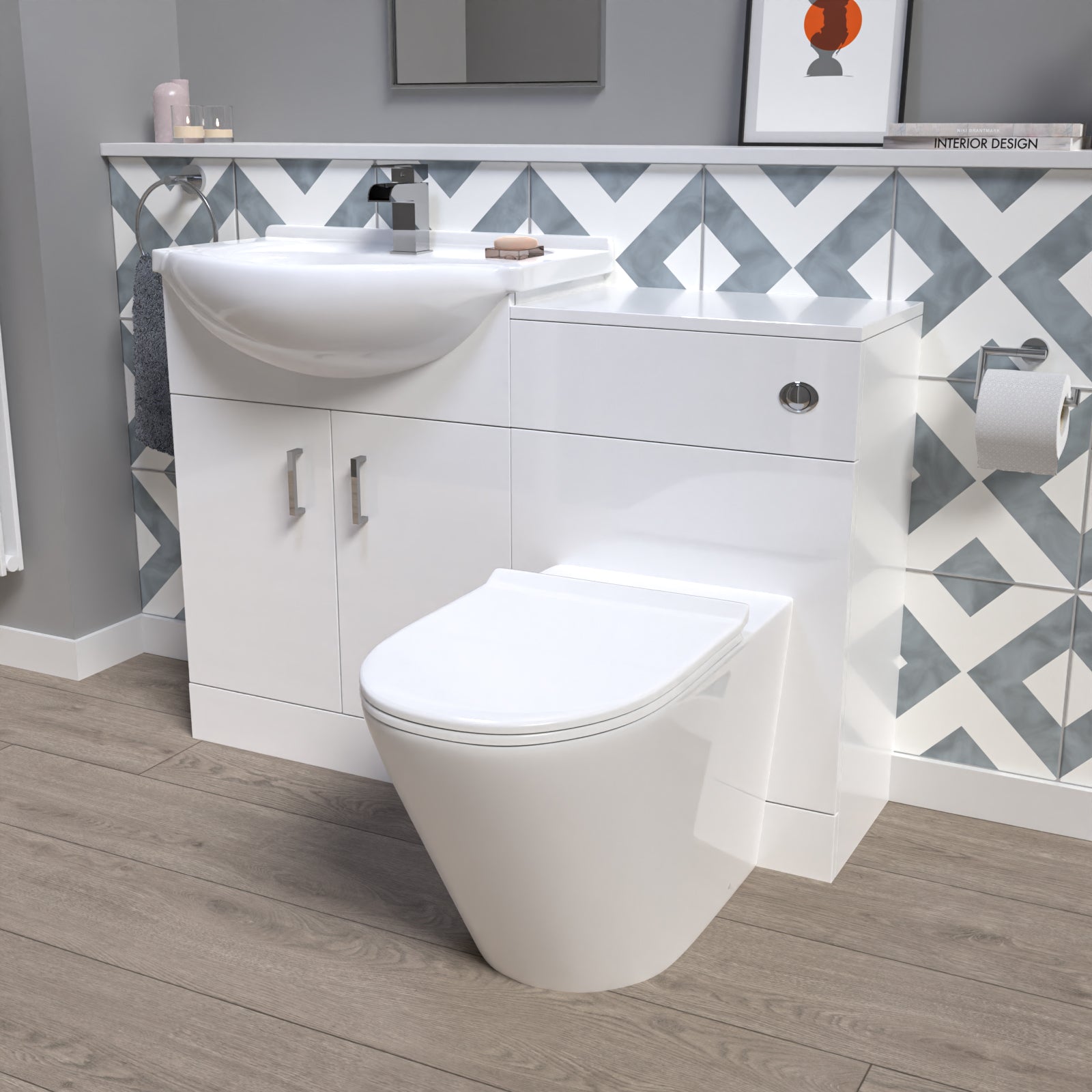 1150mm White Vanity Unit With Basin, WC Unit & Round BTW Toilet