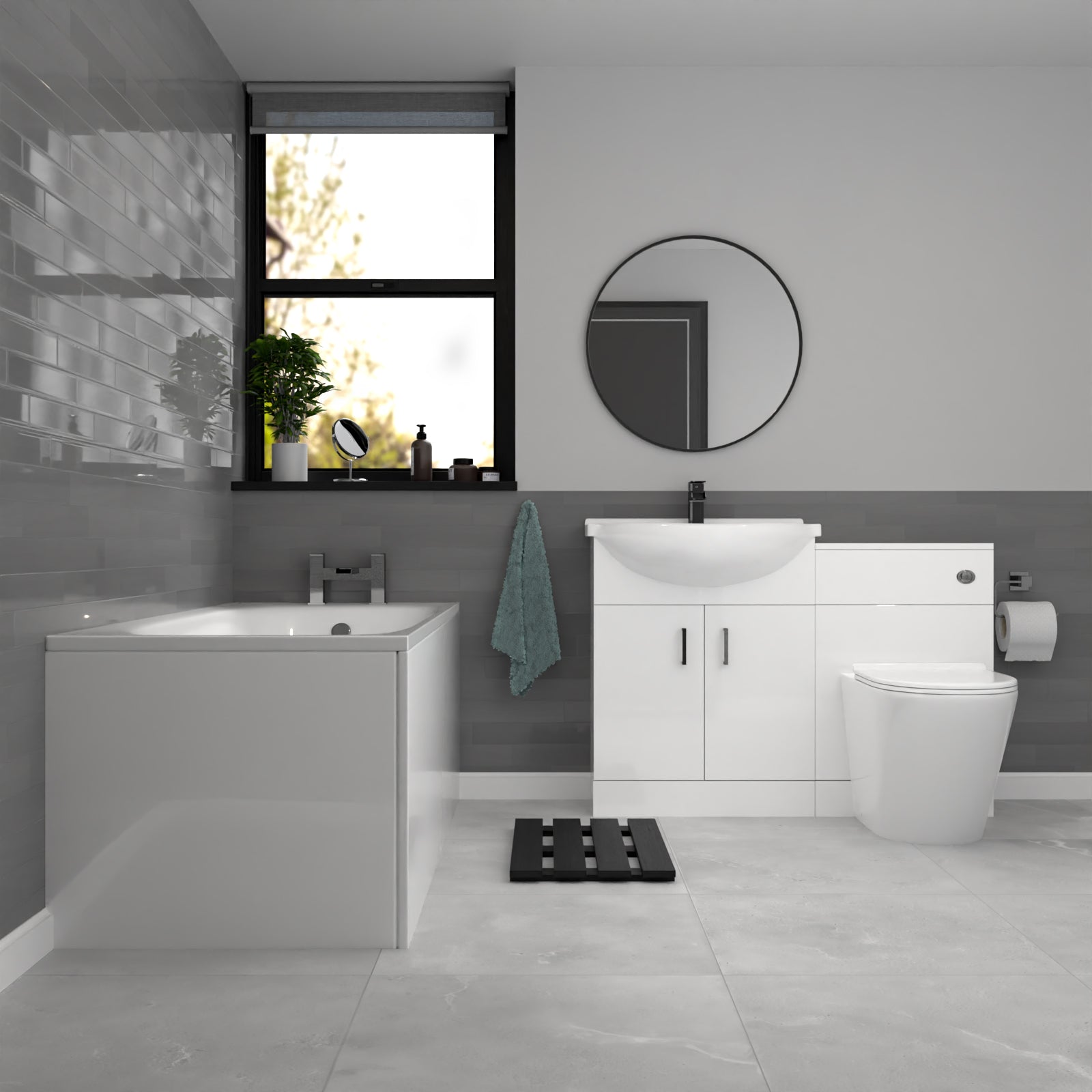 Ellen White Vanity Unit With Basin, WC Unit, Round BTW Toilet & 1700mm Bath