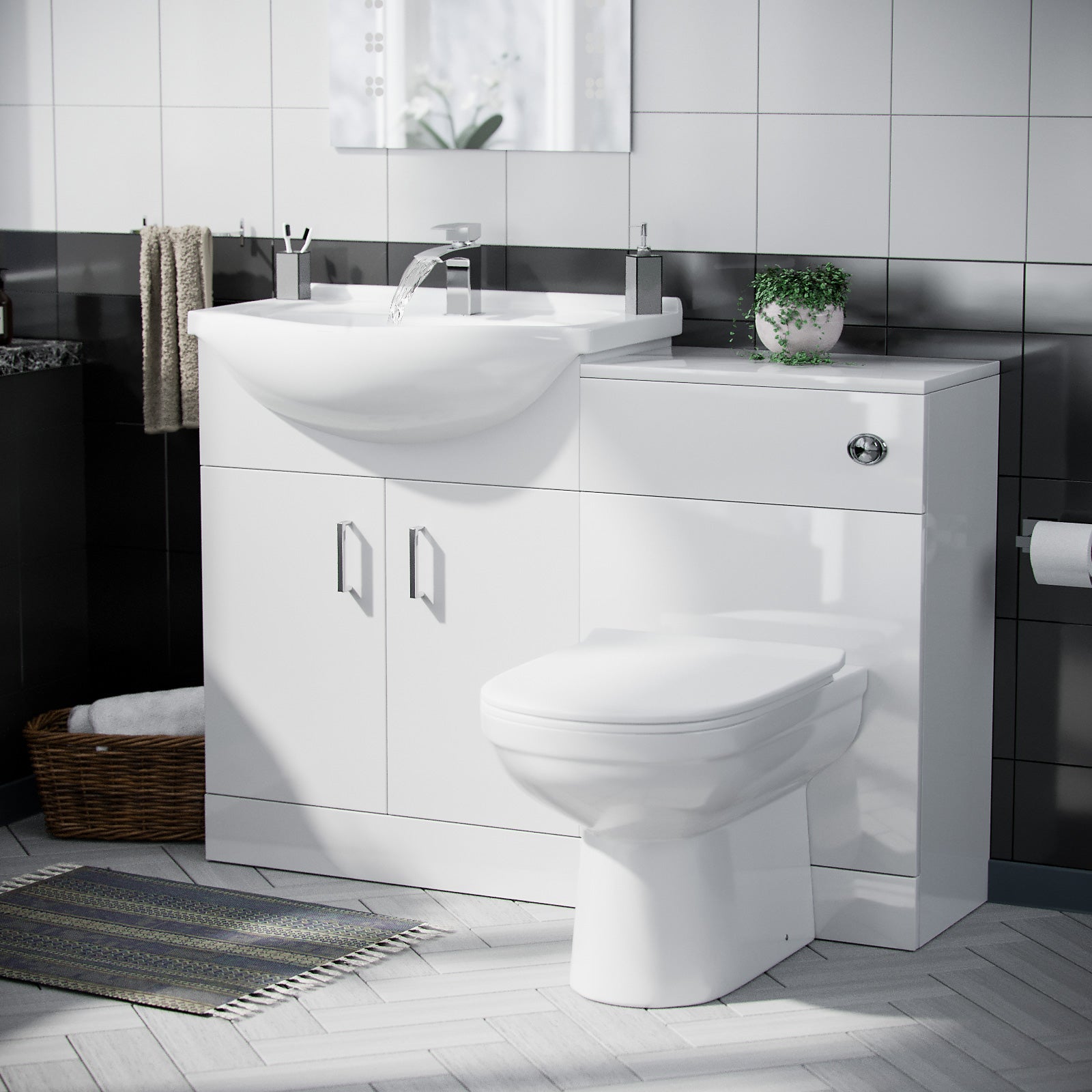 Ellen 650mm Vanity Basin Unit, WC Unit, Cistern & Eslo Back To Wall Toilet White