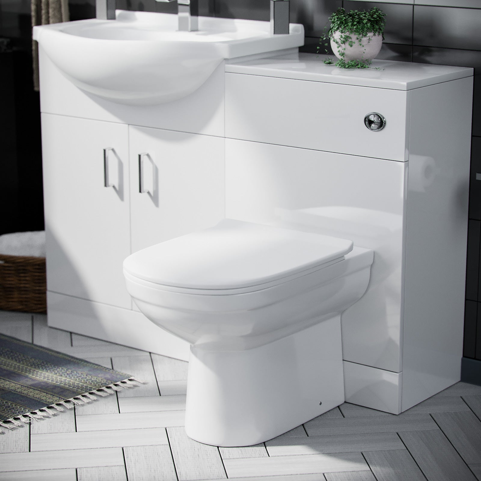 Ellen 650mm Vanity Basin Unit, WC Unit, Cistern & Eslo Back To Wall Toilet White