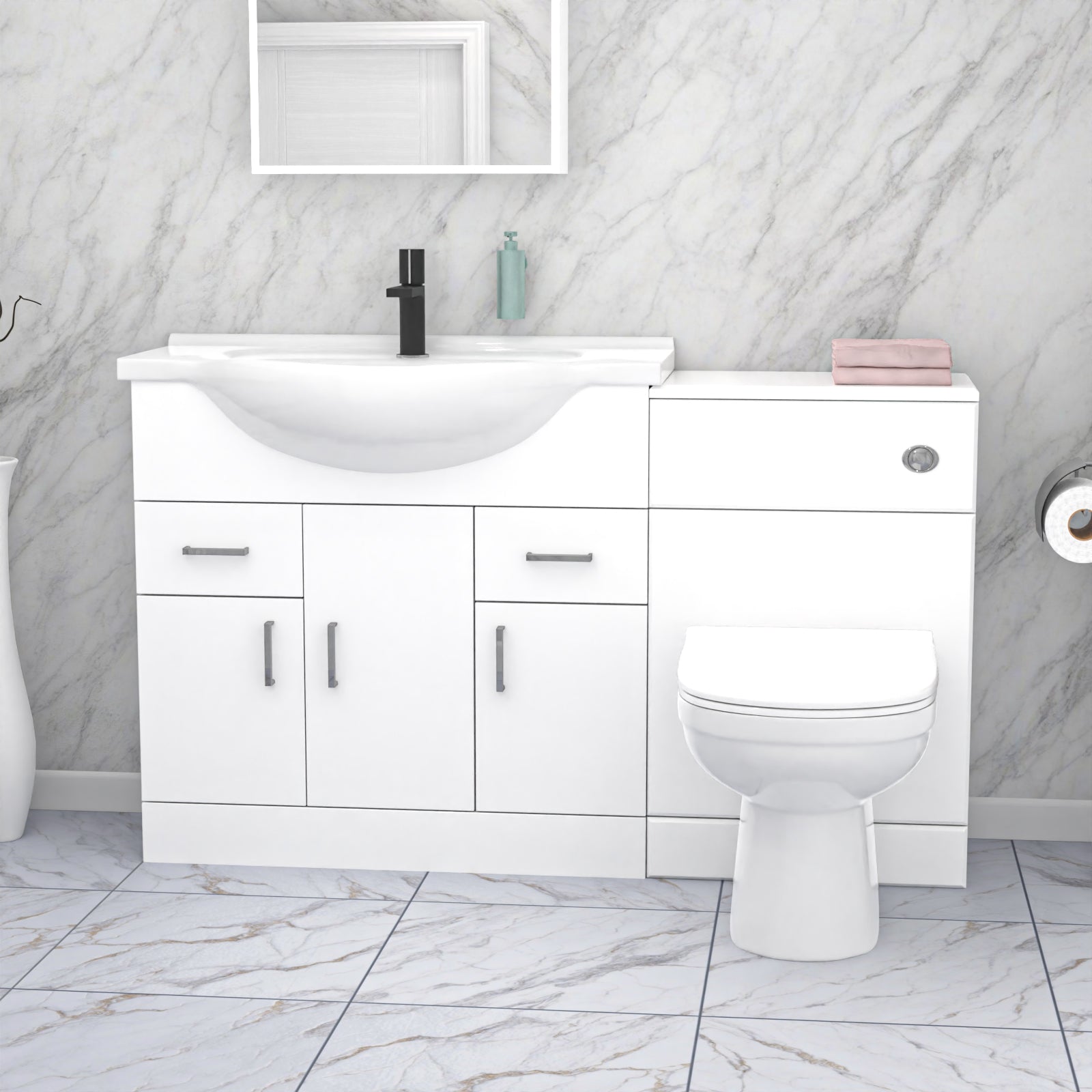 Ellen 1350mm Floor Standing White Cabinet, WC Unit & BTW Toilet