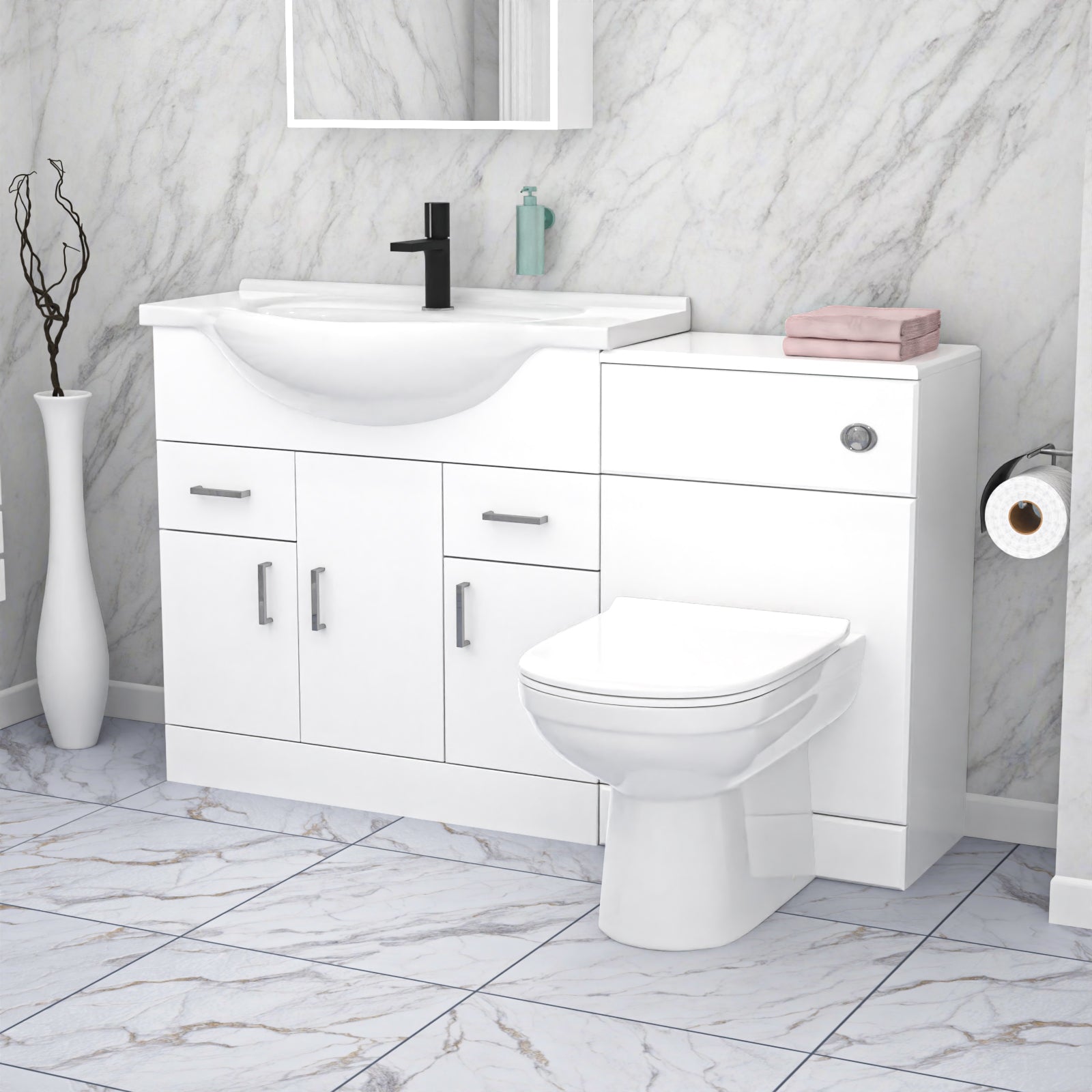 Ellen 1350mm Floor Standing White Cabinet, WC Unit & BTW Toilet