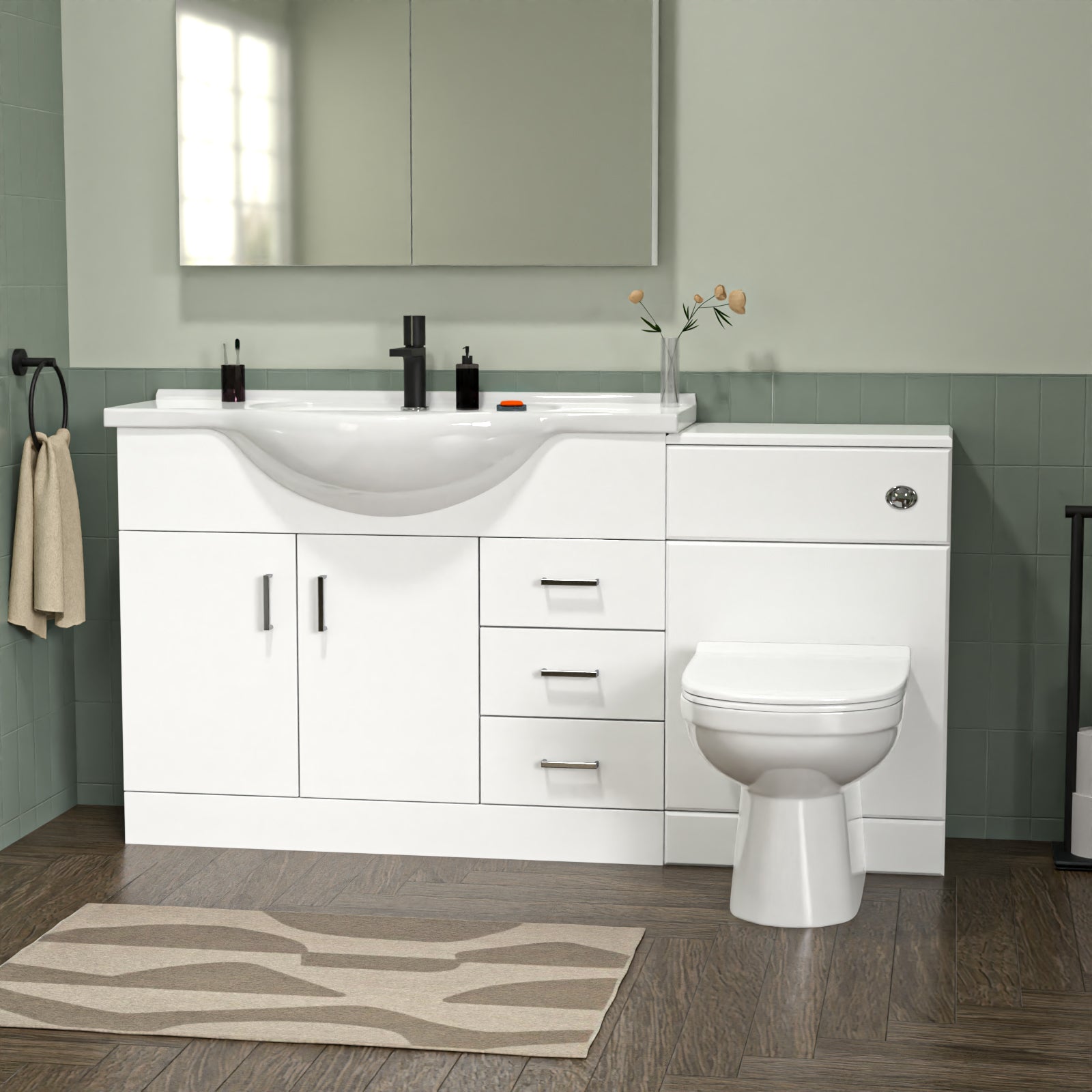 White Bath Suite 850mm Vanity, Back to Wall Toilet & 1700mm Round Bathtub